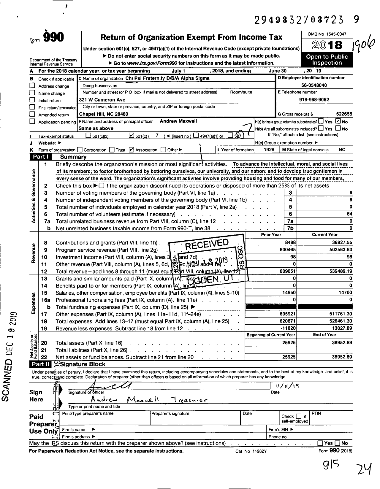 Image of first page of 2018 Form 990O for Chi Psi Fraternity / Alpha Sigma