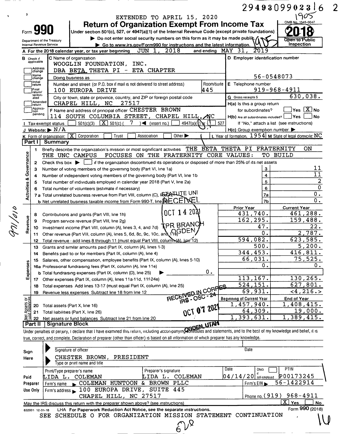 Image of first page of 2018 Form 990O for Beta Theta Pi Fraternity - 117 Eta Chapter