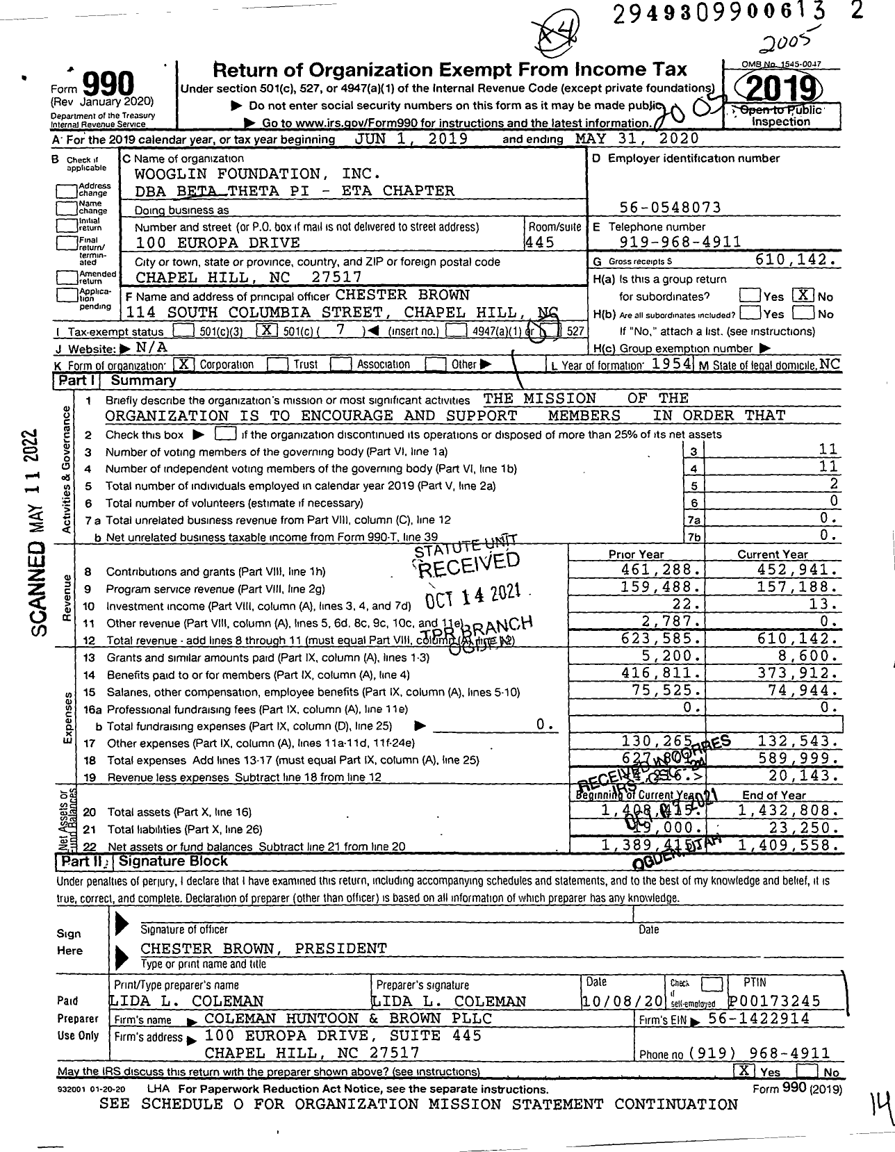 Image of first page of 2019 Form 990O for Beta Theta Pi Fraternity - 117 Eta Chapter