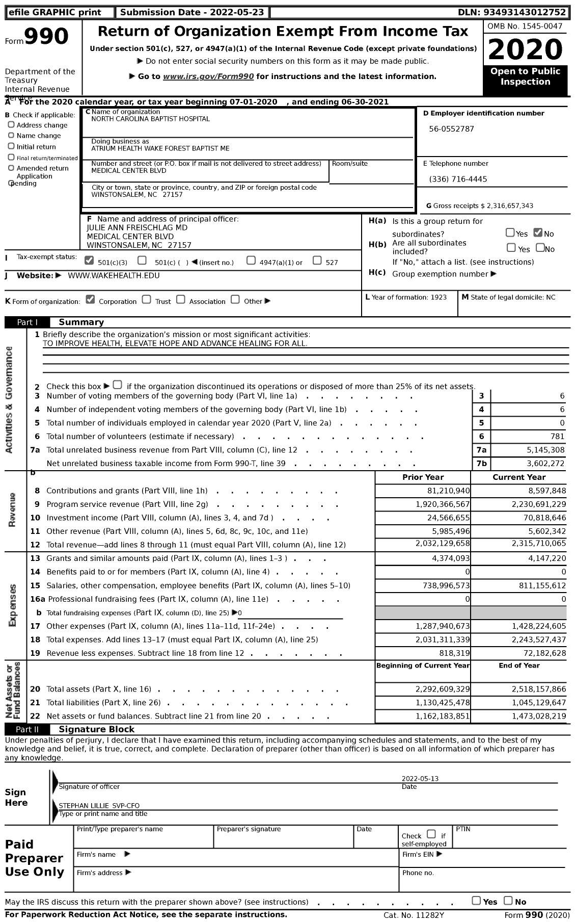 Image of first page of 2020 Form 990 for Atrium Health Wake Forest Baptist Me