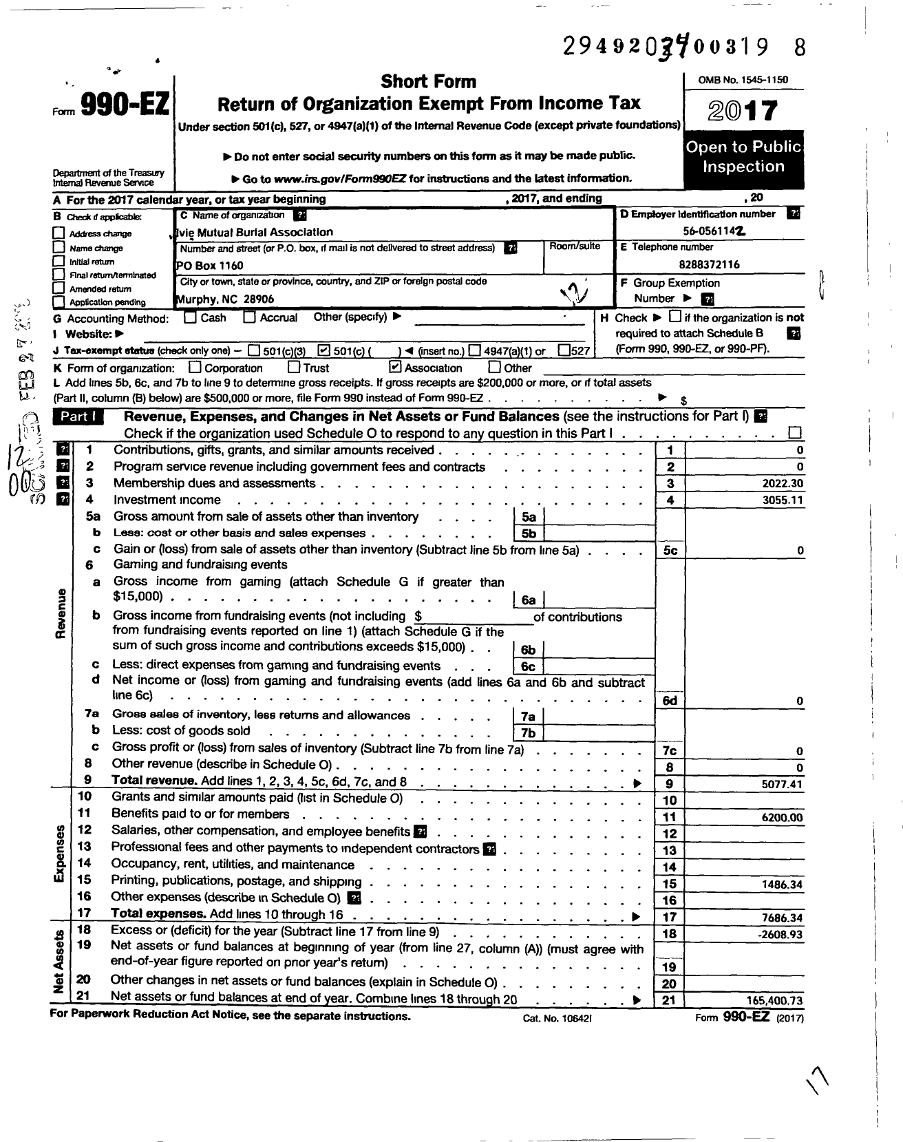 Image of first page of 2017 Form 990EO for Ivie Mutual Burial Association