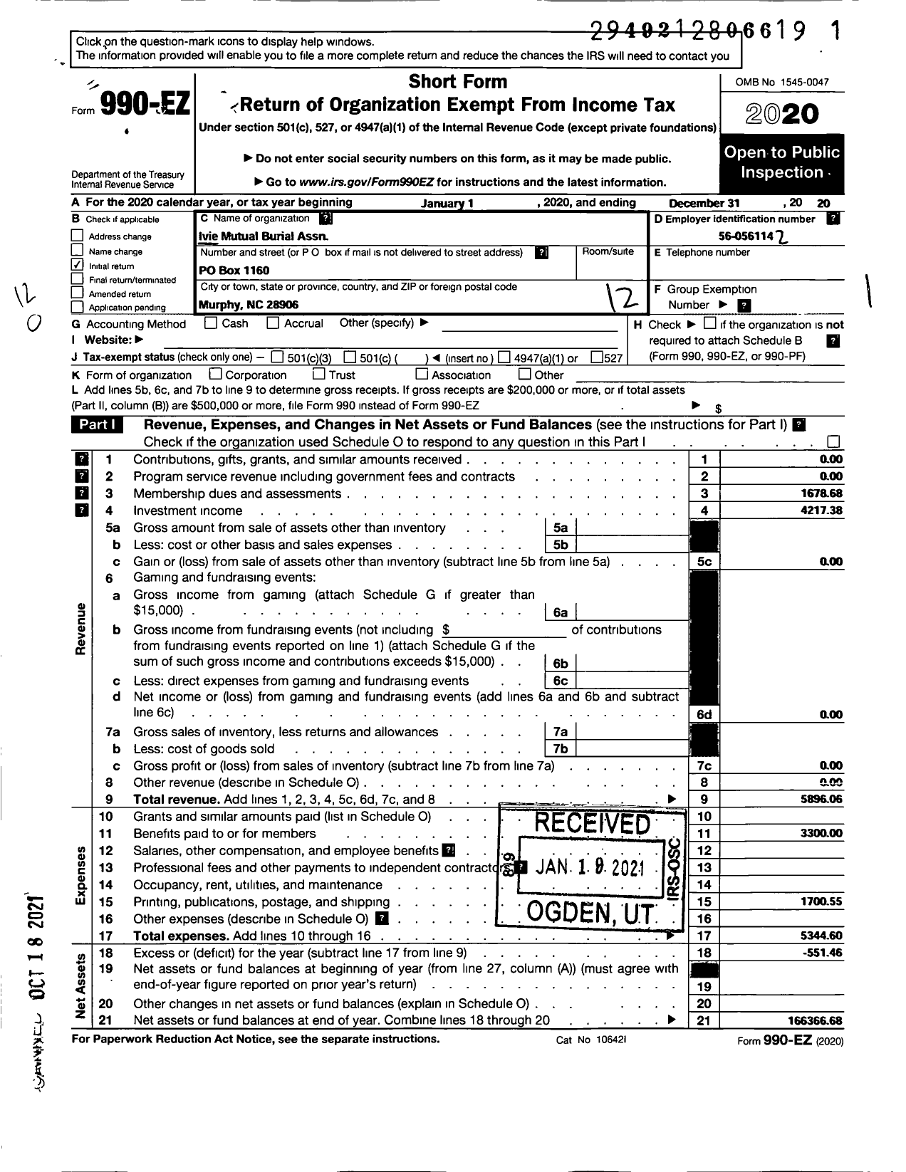 Image of first page of 2020 Form 990EO for Ivie Mutual Burial Association