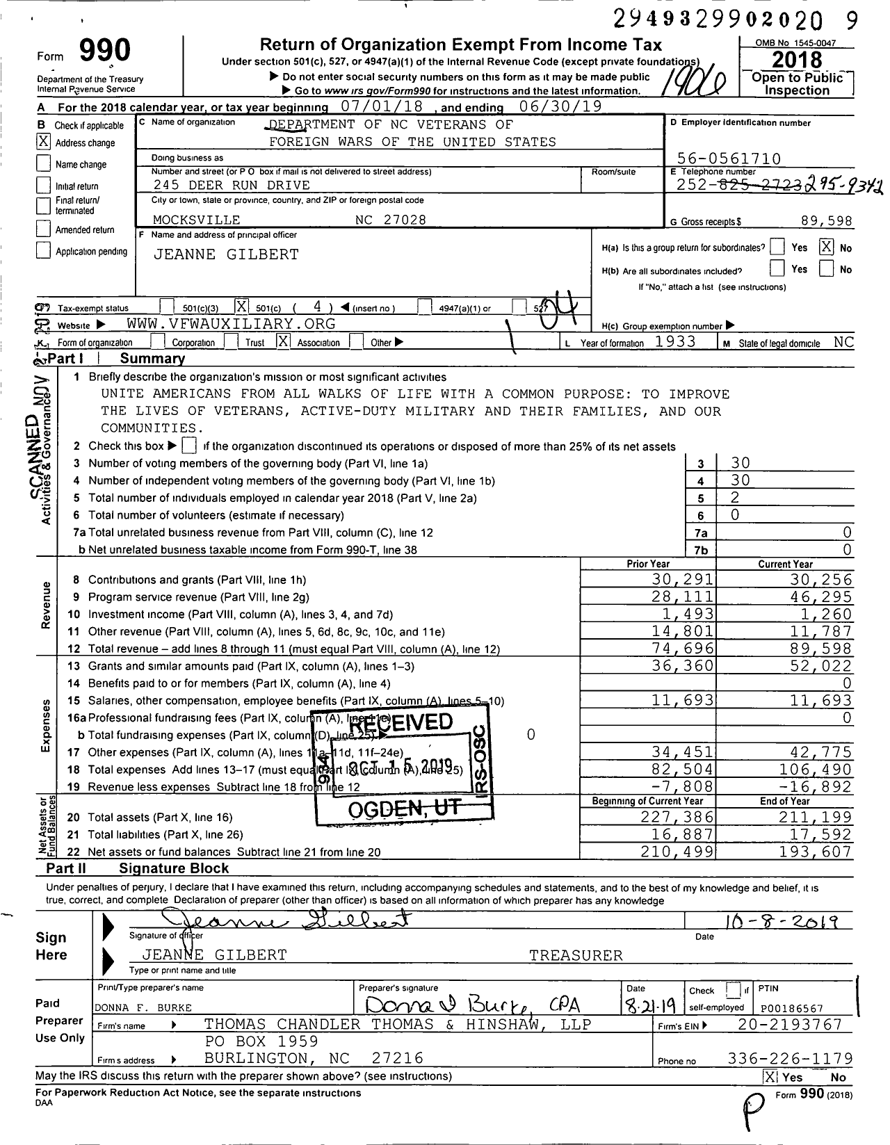 Image of first page of 2018 Form 990O for Veterans of Foreign Wars of the / Department of North Carolina VFW Au