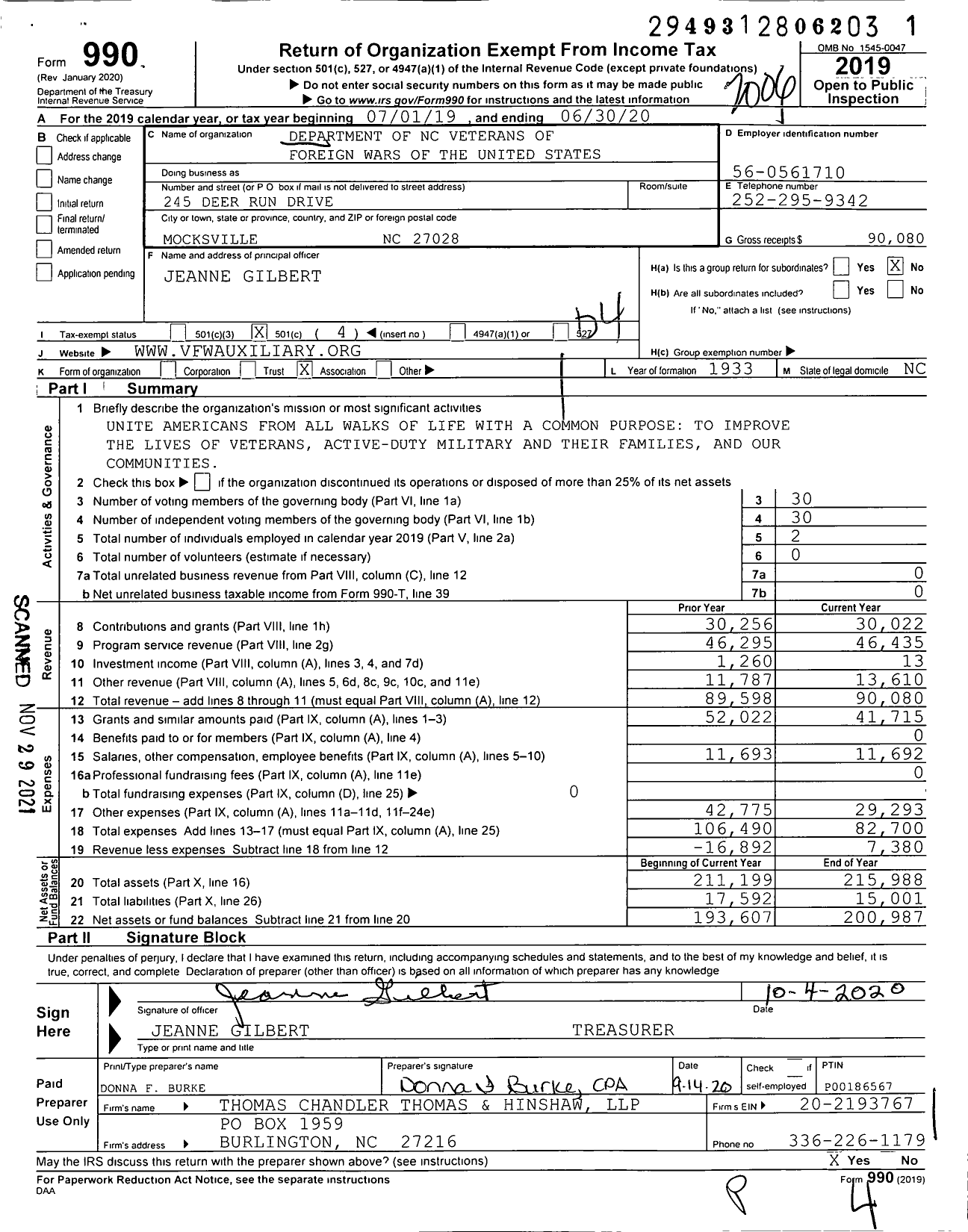 Image of first page of 2019 Form 990O for Veterans of Foreign Wars of the / Department of North Carolina VFW Au