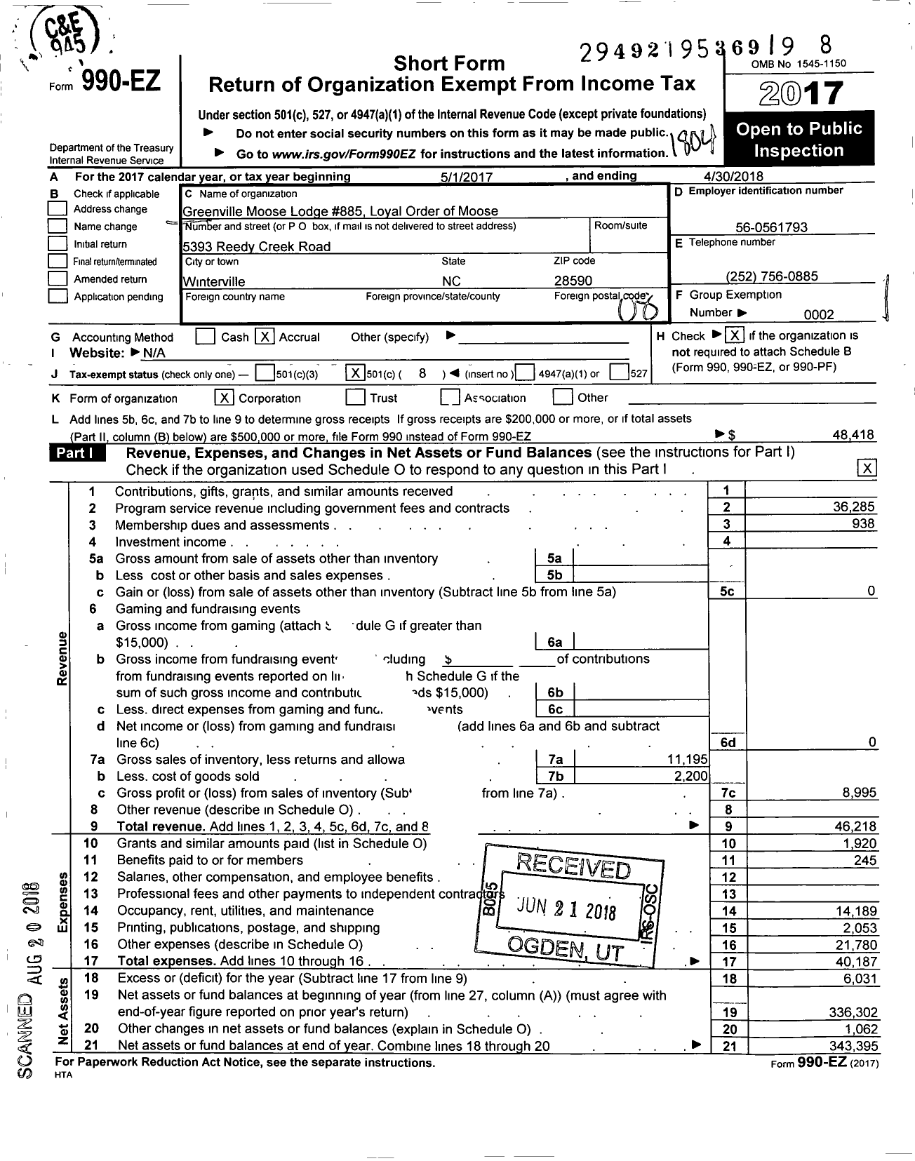 Image of first page of 2017 Form 990EO for Loyal Order of Moose - 885