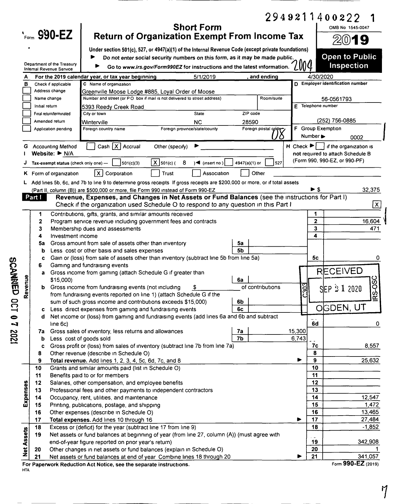 Image of first page of 2019 Form 990EO for Loyal Order of Moose - 885