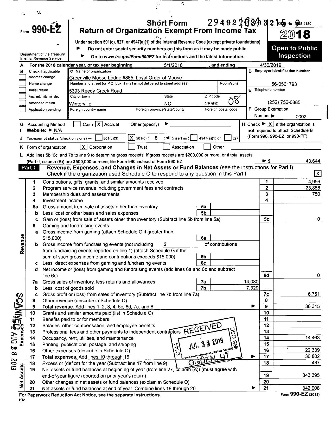 Image of first page of 2018 Form 990EO for Loyal Order of Moose - 885