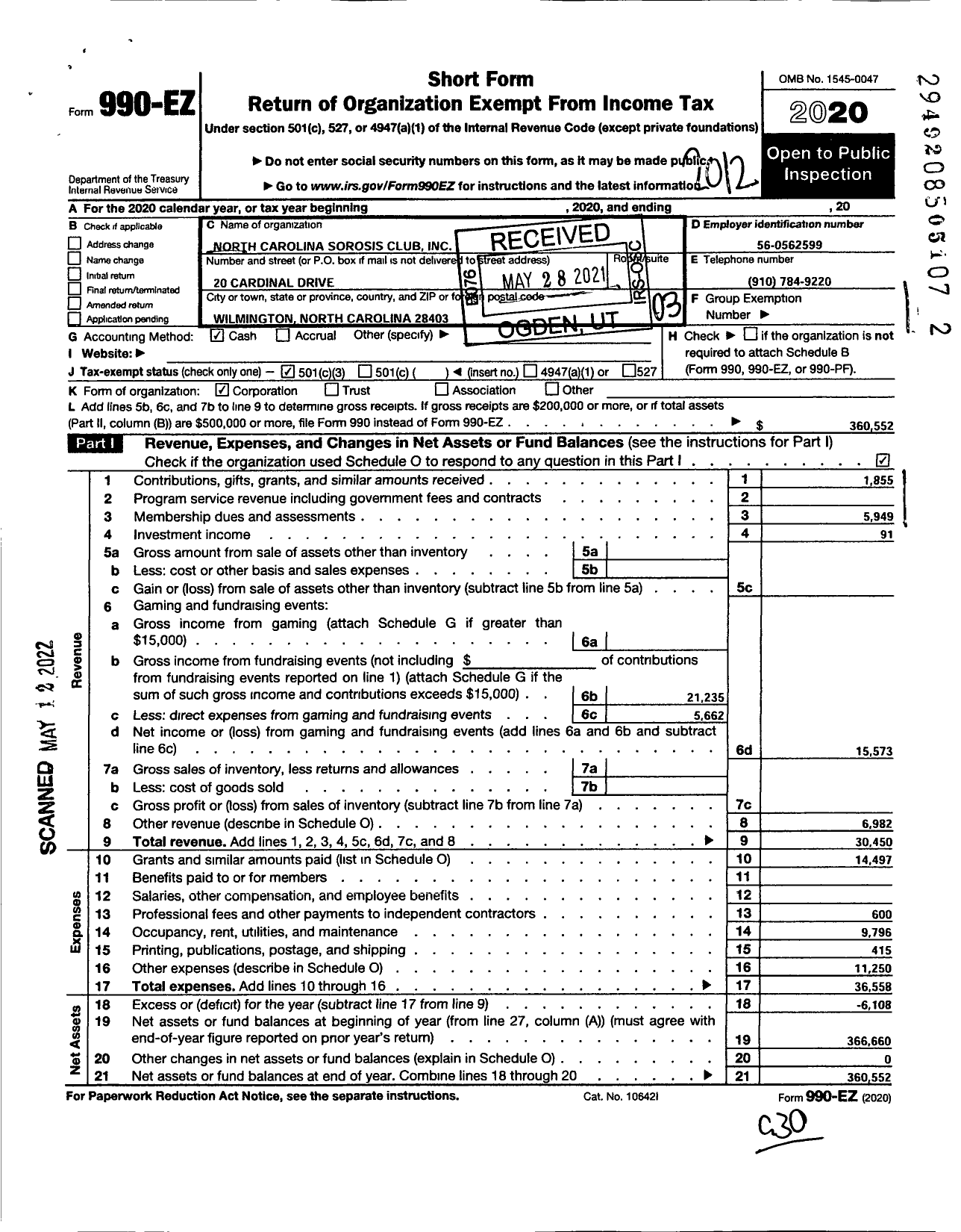 Image of first page of 2020 Form 990EZ for North Carolina Sorosis