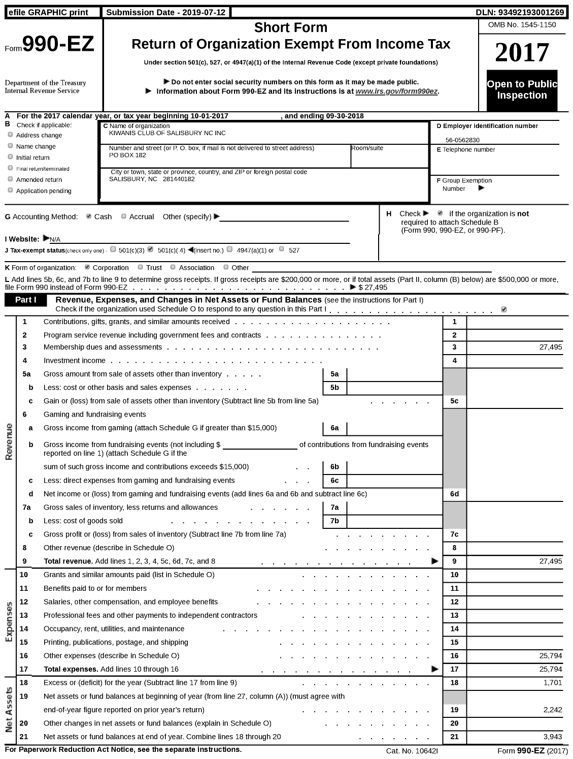 Image of first page of 2017 Form 990EZ for Kiwanis International - K00349 Salisbury