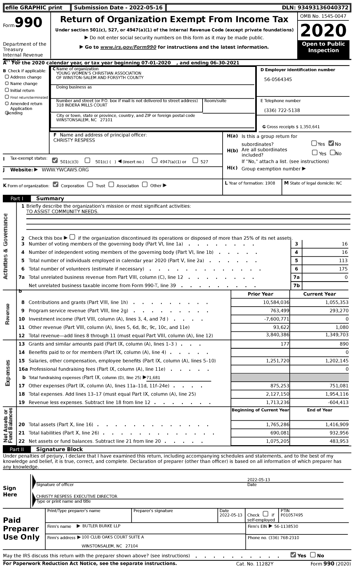 Image of first page of 2020 Form 990 for Young Women's Christian Association of Winston-Salem and Forsyth County