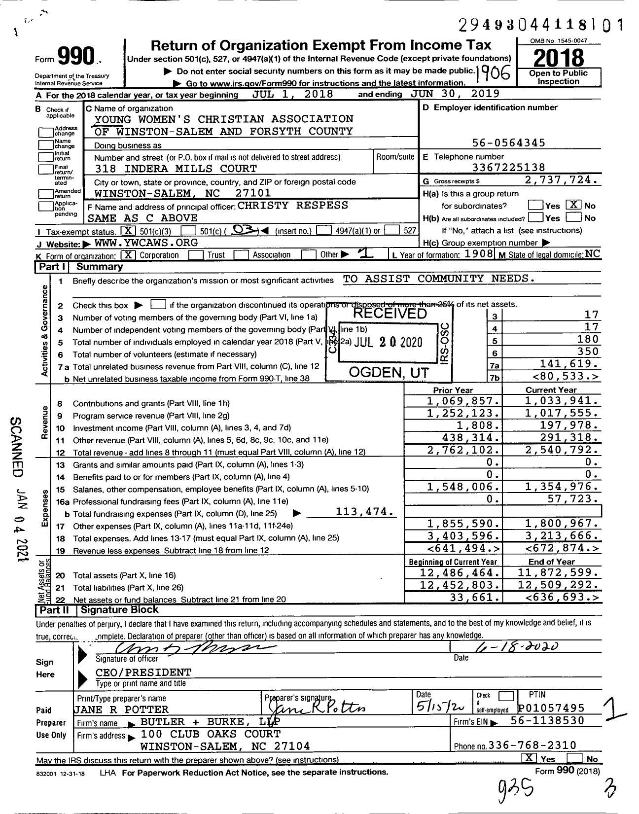 Image of first page of 2018 Form 990 for Young Women's Christian Association of Winston-Salem and Forsyth County