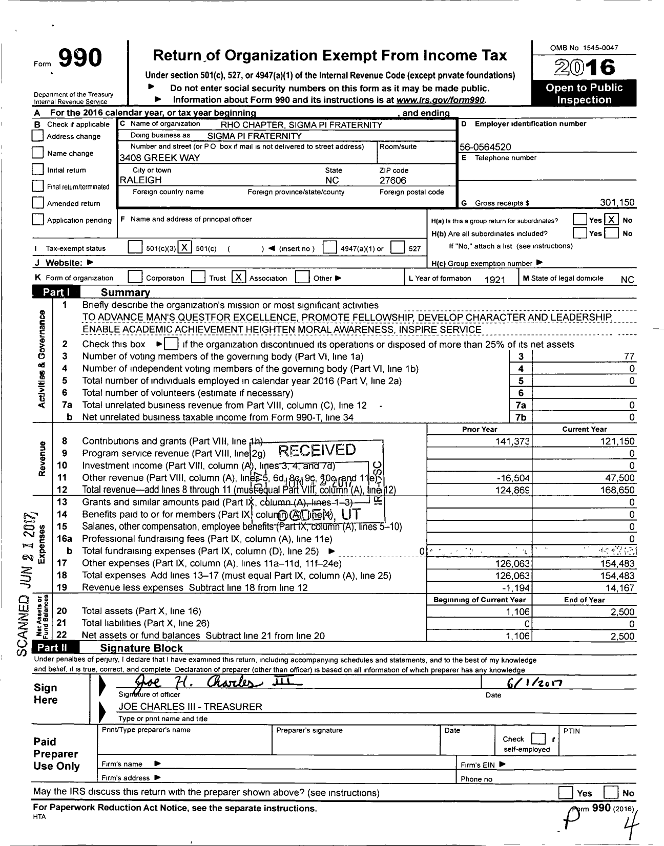 Image of first page of 2016 Form 990O for Sigma Pi Fraternity International / Rho Chapter