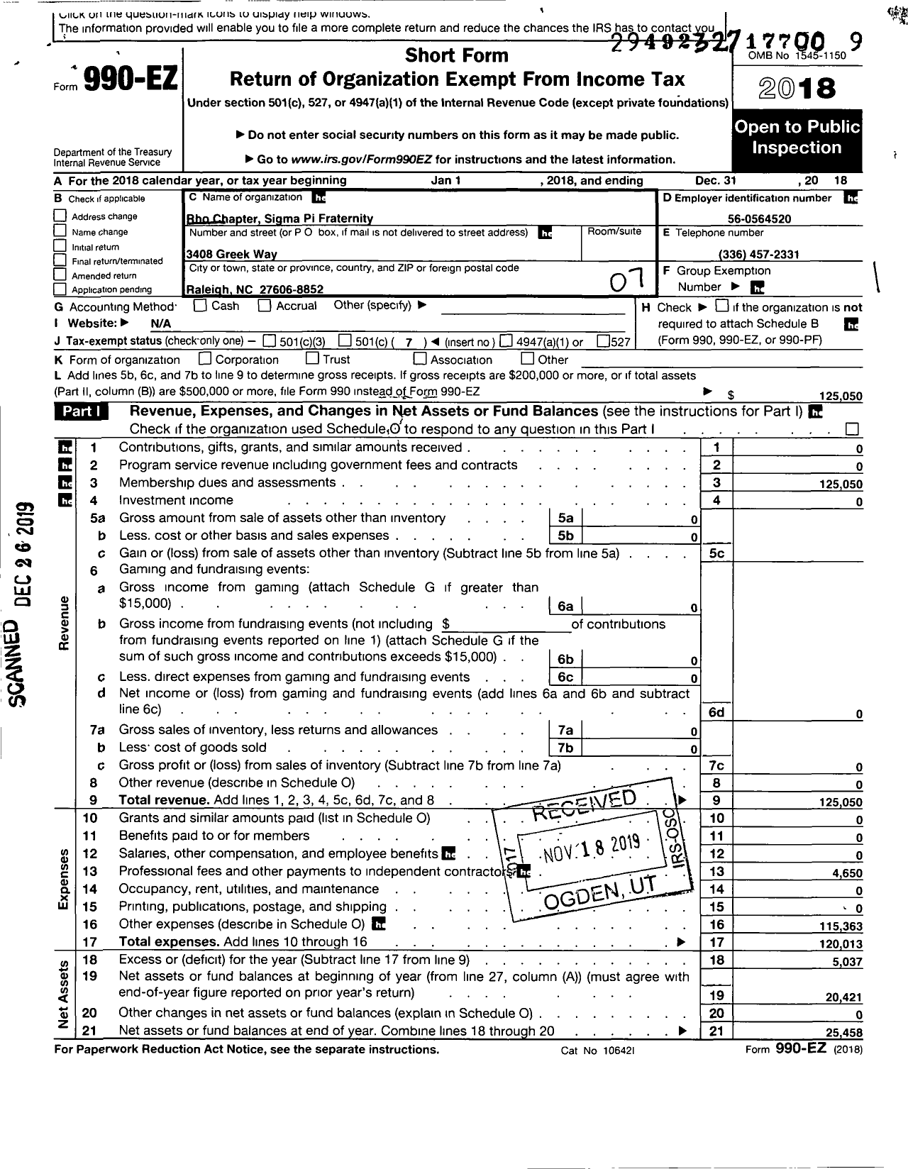 Image of first page of 2018 Form 990EO for Sigma Pi Fraternity International / Rho Chapter