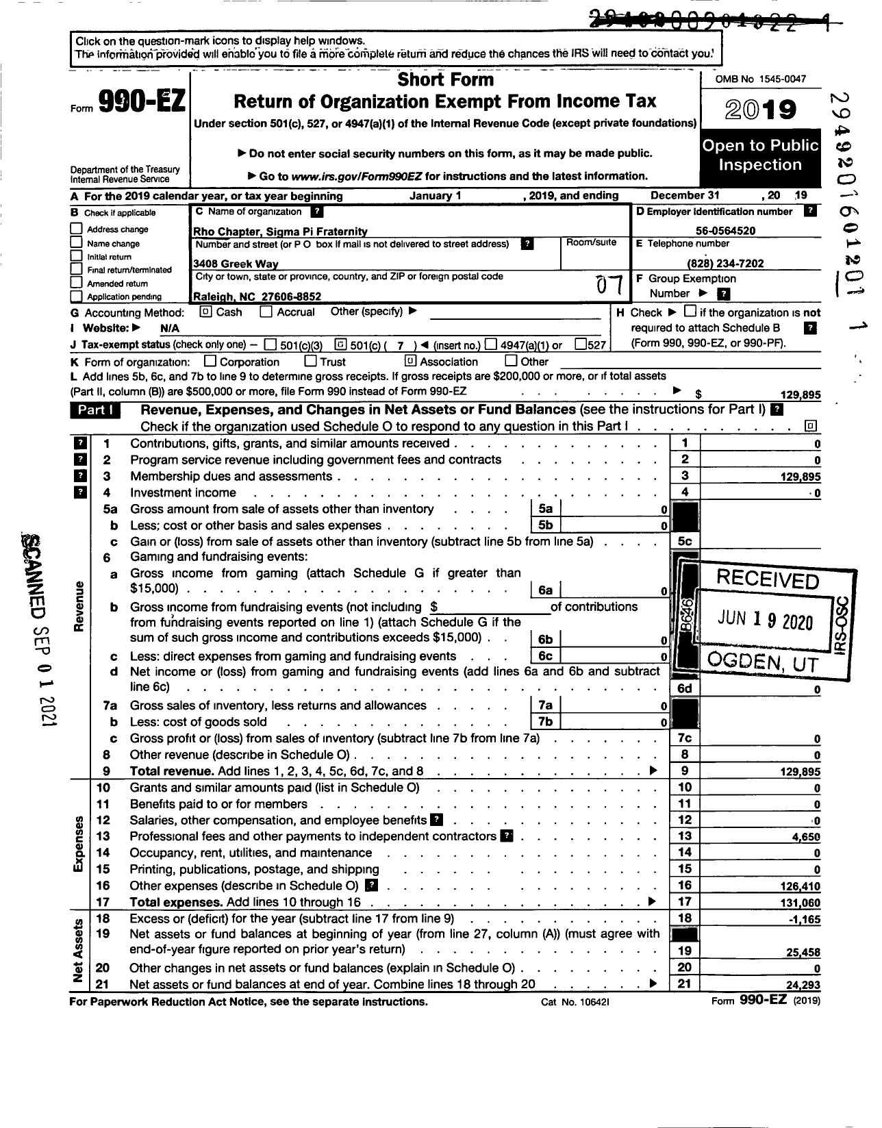 Image of first page of 2019 Form 990EO for Sigma Pi Fraternity International / Rho Chapter