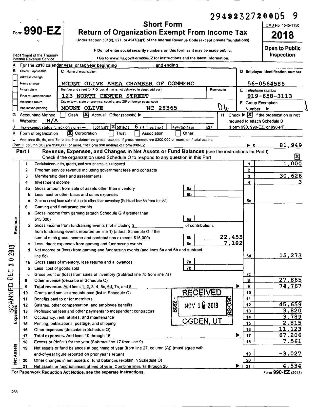 Image of first page of 2018 Form 990EO for Mount Olive Area Chamber of Commerce