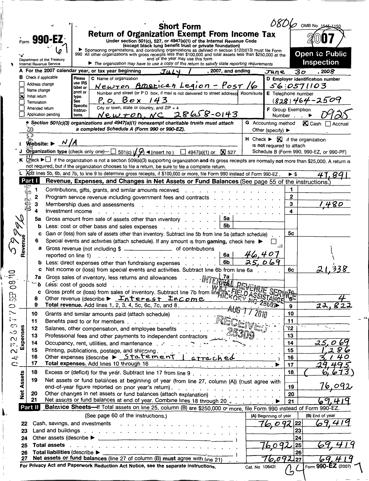 Image of first page of 2007 Form 990EO for American Legion - 0016 Newton