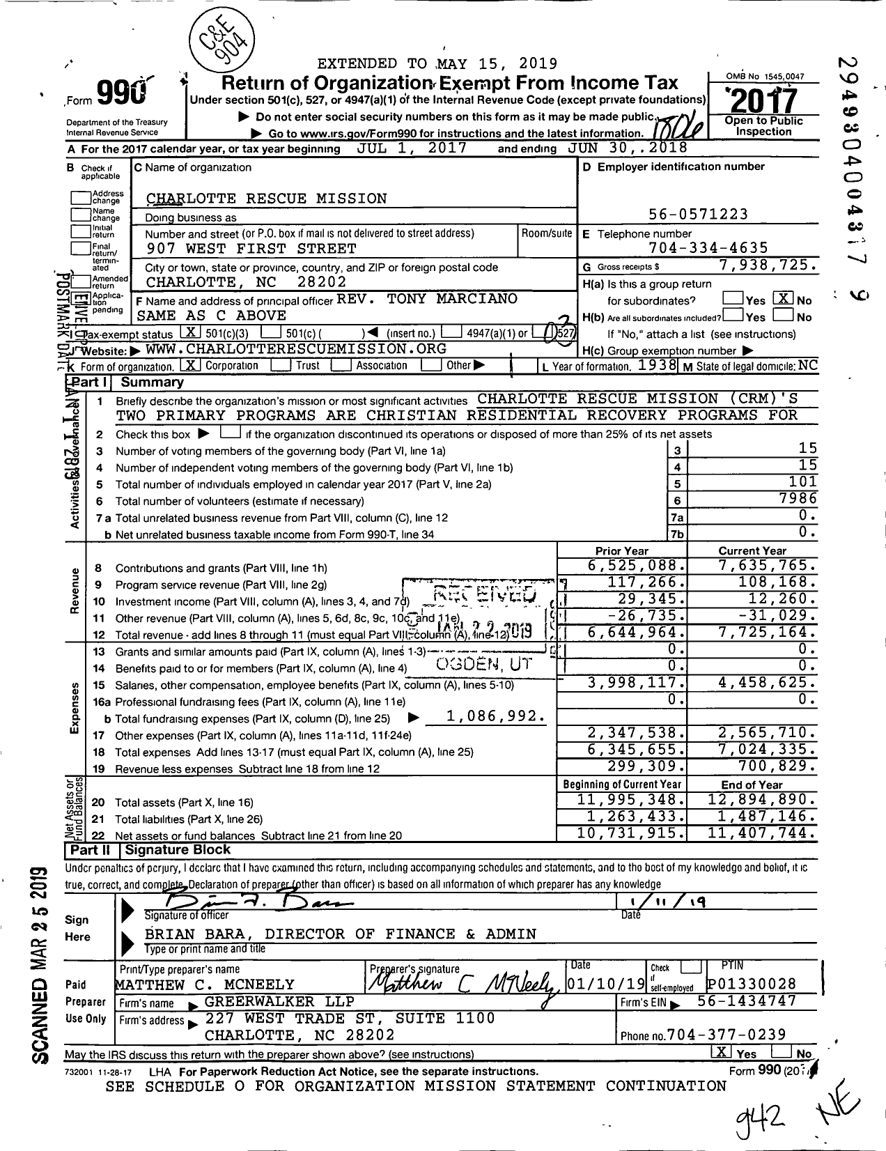 Image of first page of 2017 Form 990 for Charlotte Rescue Mission