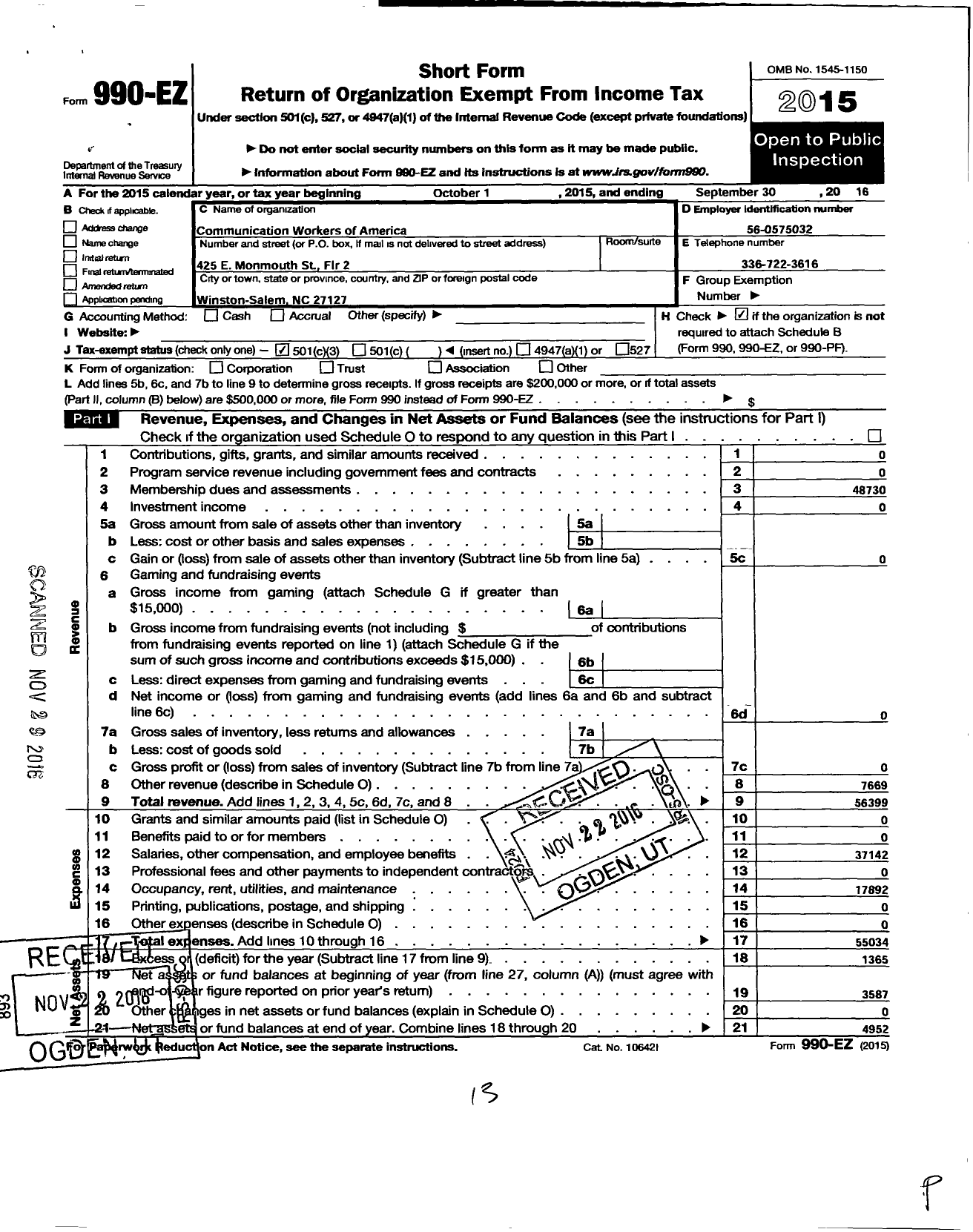 Image of first page of 2015 Form 990EZ for Communications Workers of America - 3616 Local