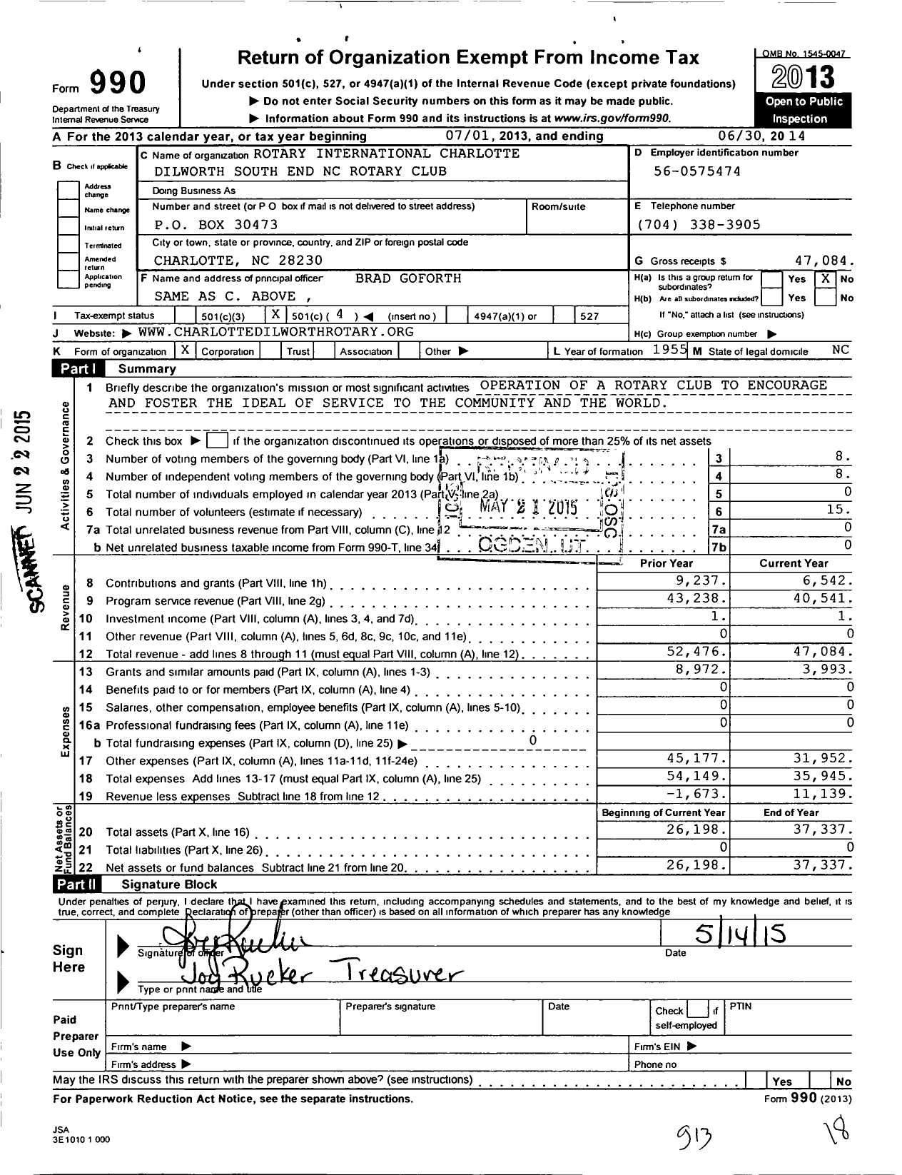 Image of first page of 2013 Form 990O for Rotary International - Charlotte Dilworth South End NC