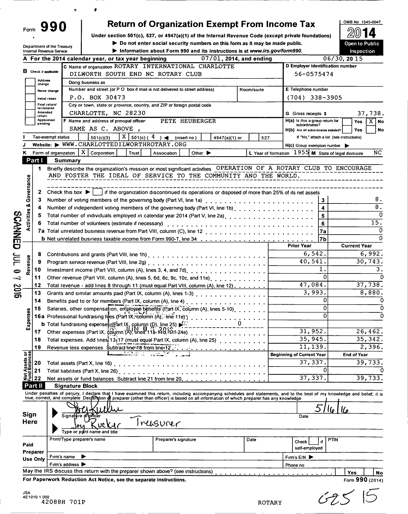 Image of first page of 2014 Form 990O for Rotary International - Charlotte Dilworth South End NC