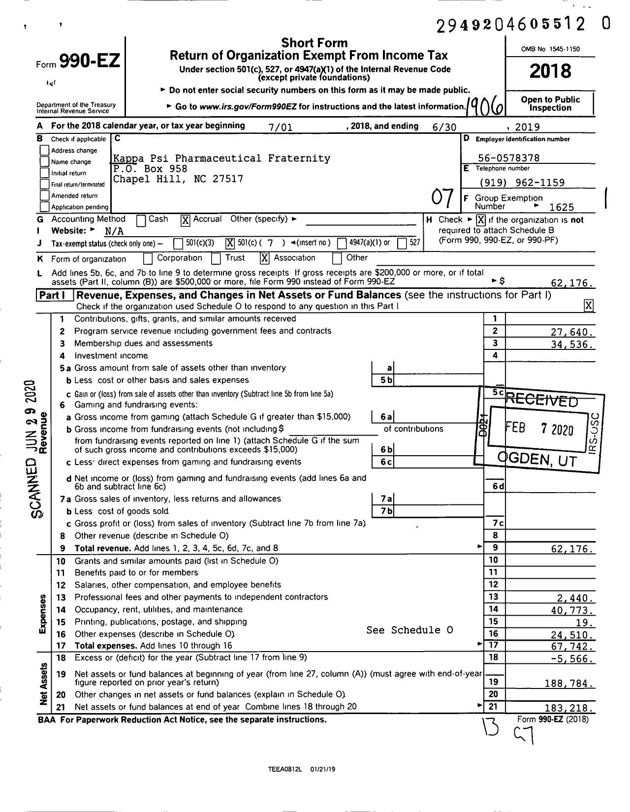 Image of first page of 2018 Form 990EO for Kappa Psi Pharmaceutical Fraternity / Beta Xi