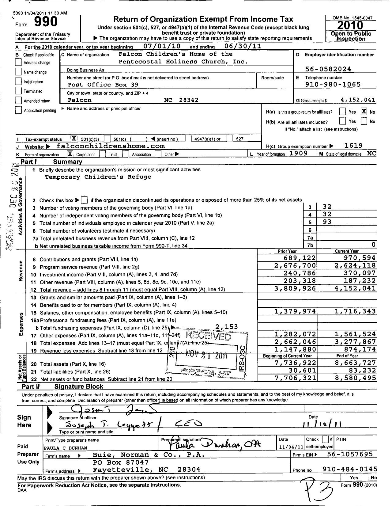 Image of first page of 2010 Form 990 for Falcon Children's Home and Family Services