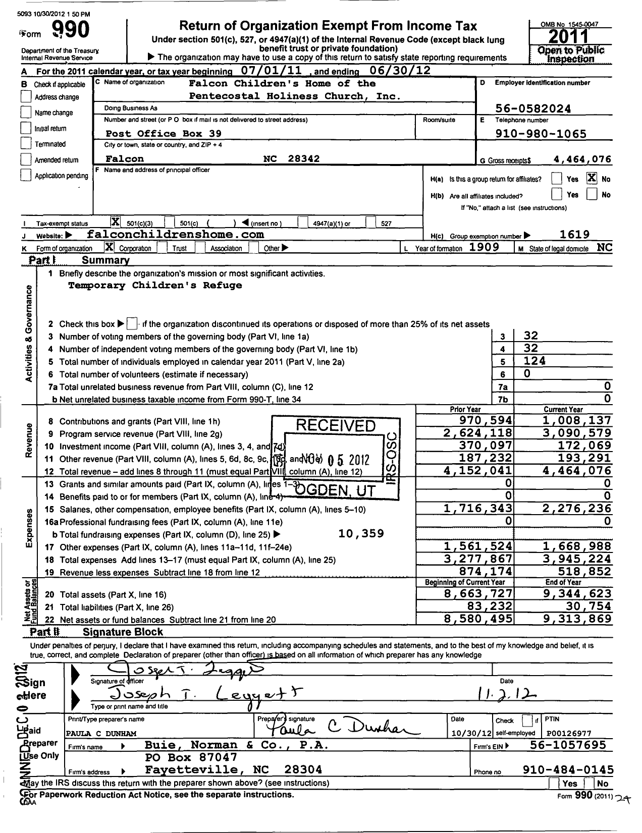 Image of first page of 2011 Form 990 for Falcon Children's Home and Family Services