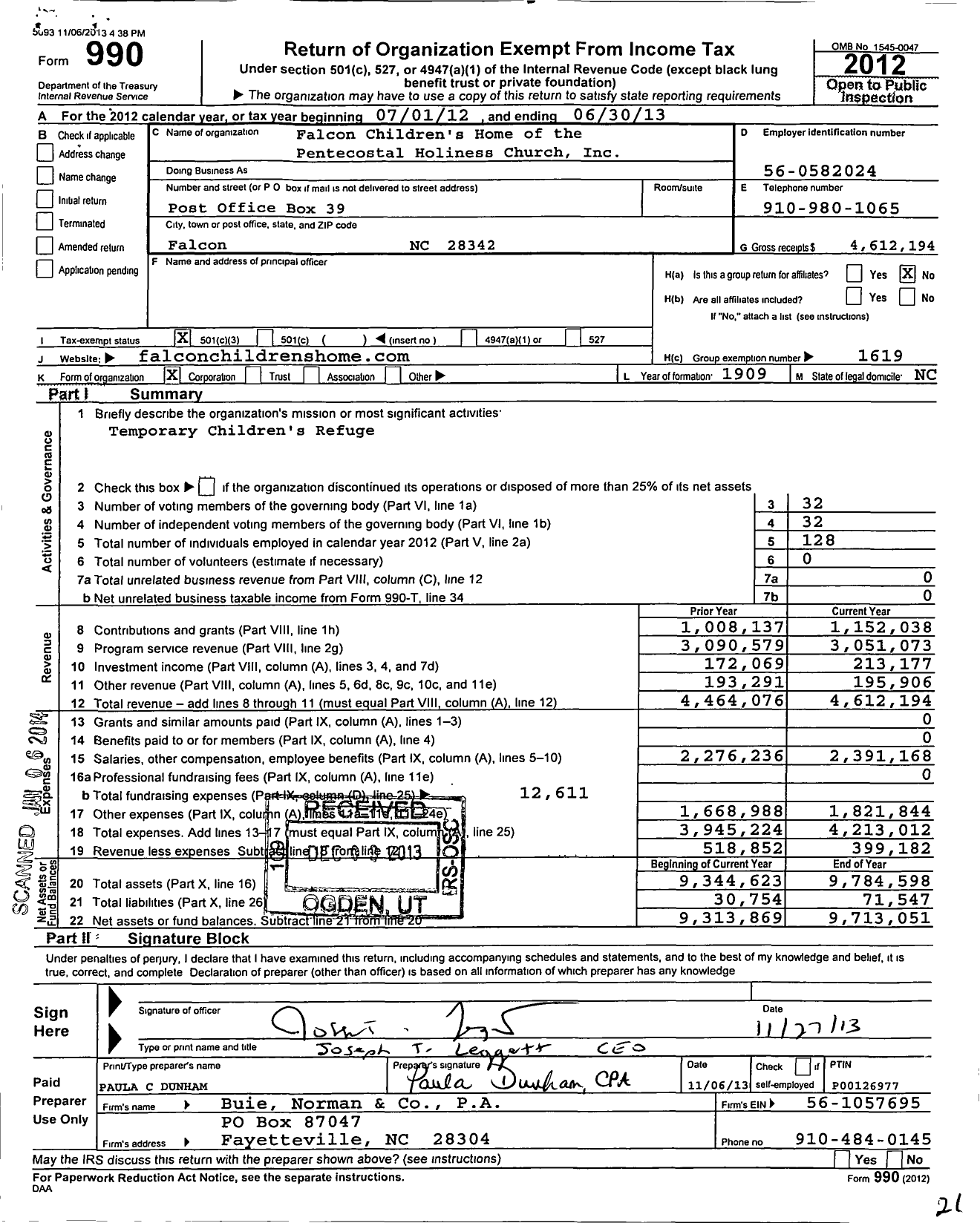 Image of first page of 2012 Form 990 for Falcon Children's Home and Family Services