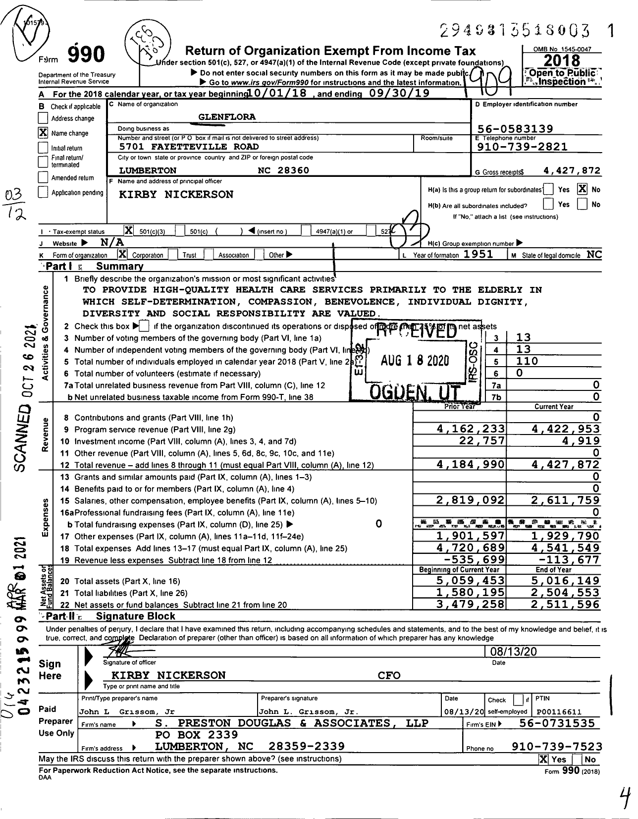 Image of first page of 2018 Form 990 for Glenflora