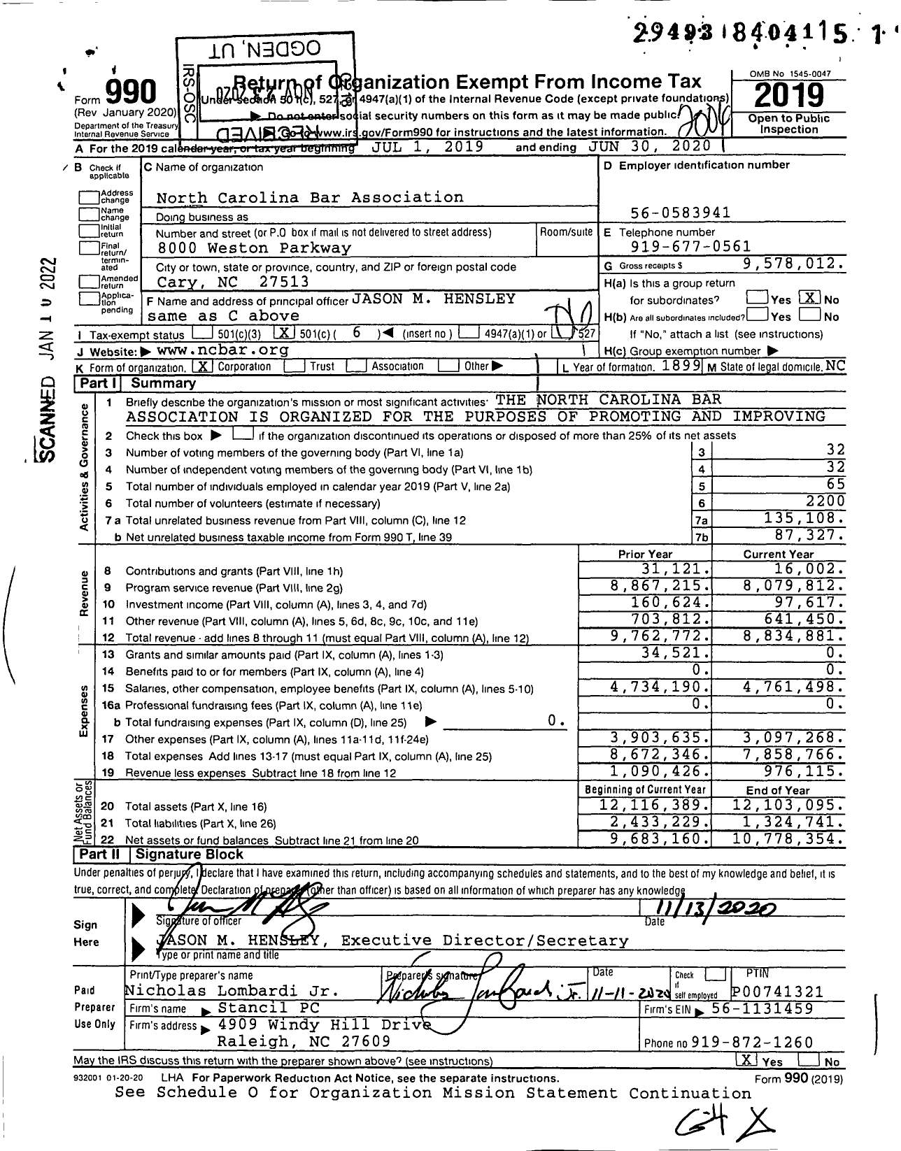 Image of first page of 2019 Form 990O for North Carolina Bar Association