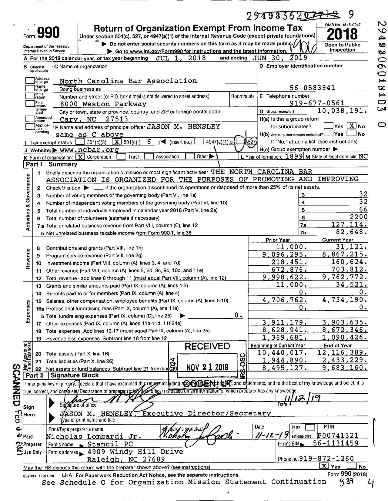 Image of first page of 2018 Form 990O for North Carolina Bar Association