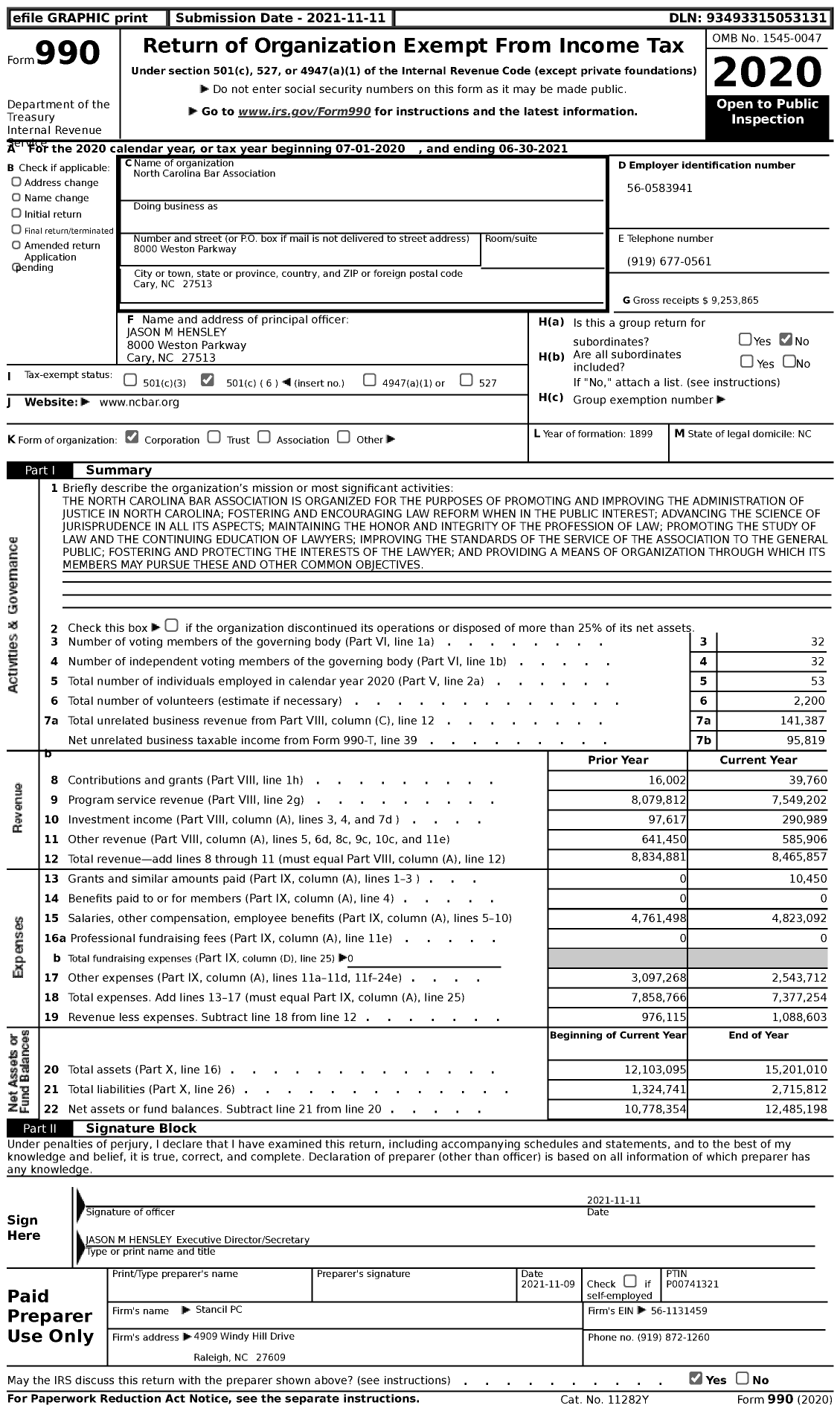 Image of first page of 2020 Form 990 for North Carolina Bar Association