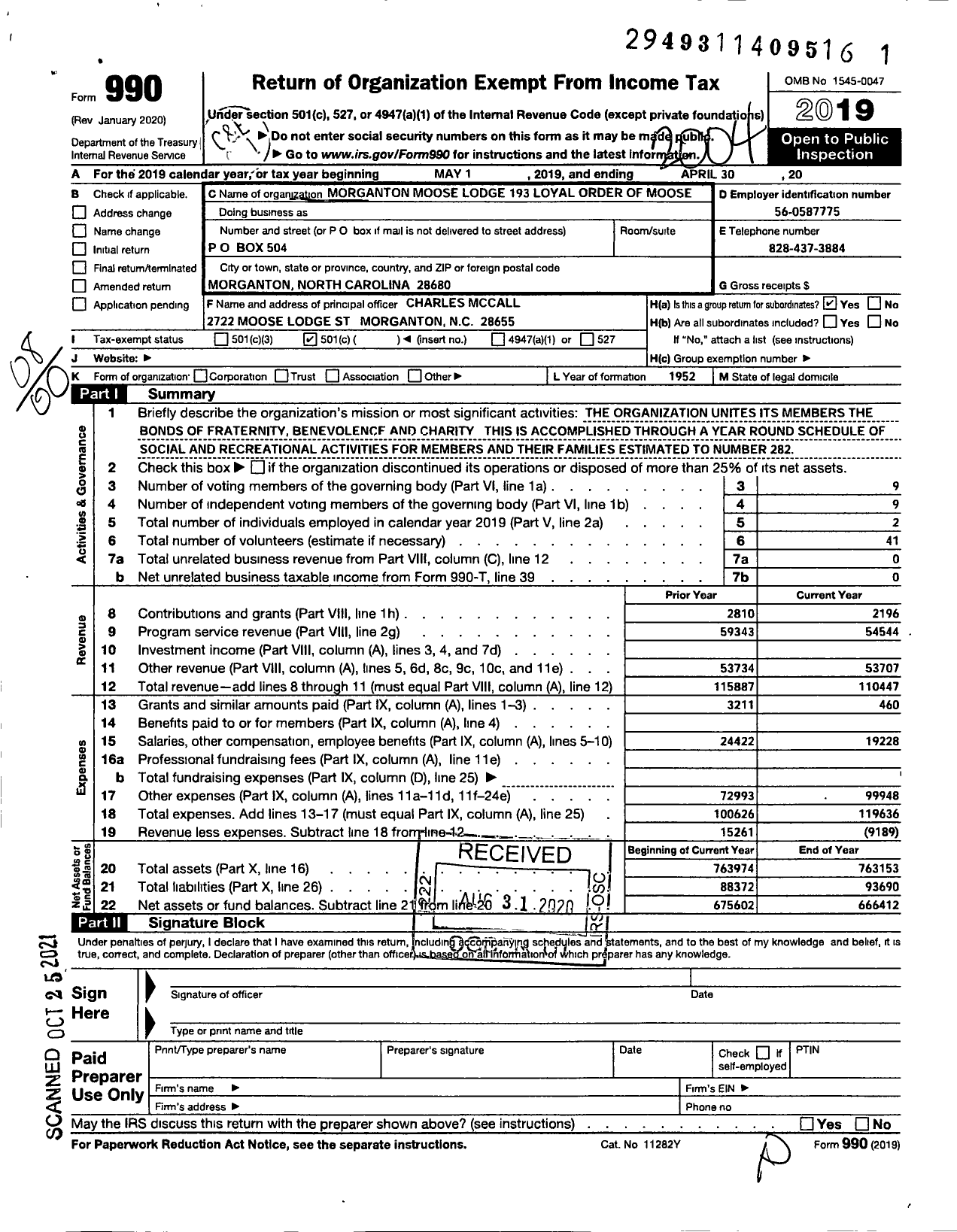 Image of first page of 2019 Form 990O for Loyal Order of Moose - Fraternal Organization / Fraternal Organization