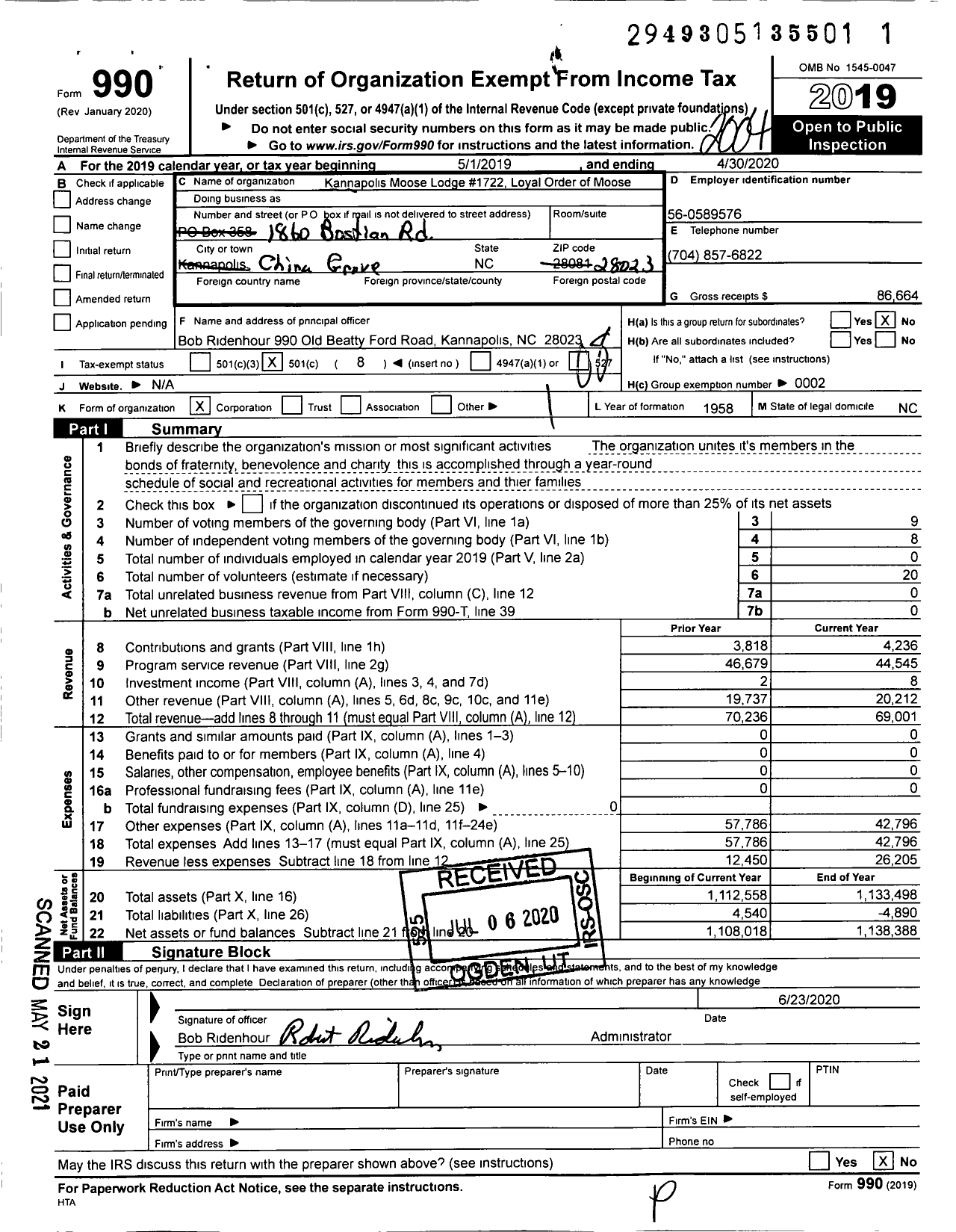 Image of first page of 2019 Form 990O for Loyal Order of Moose - 1722
