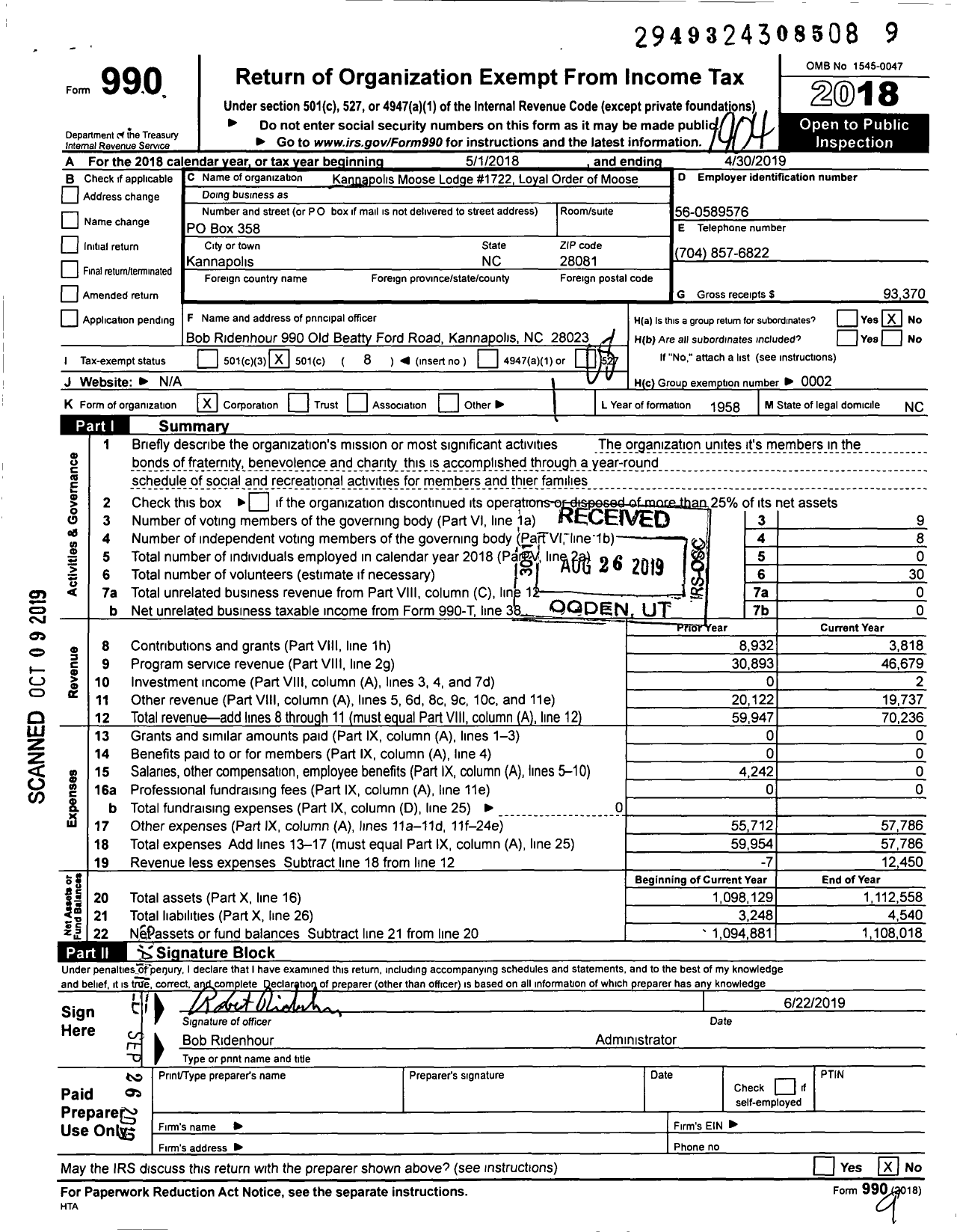 Image of first page of 2018 Form 990O for Loyal Order of Moose - 1722