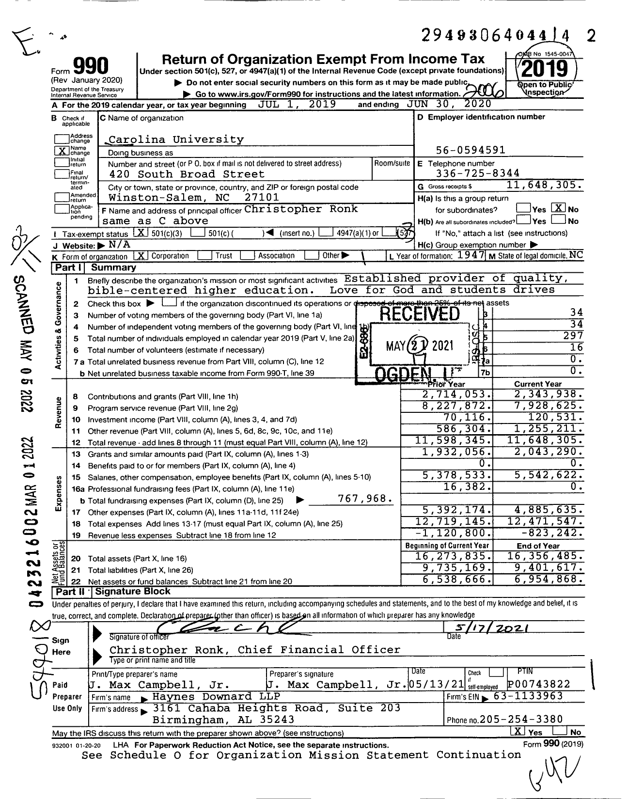 Image of first page of 2019 Form 990 for Carolina University