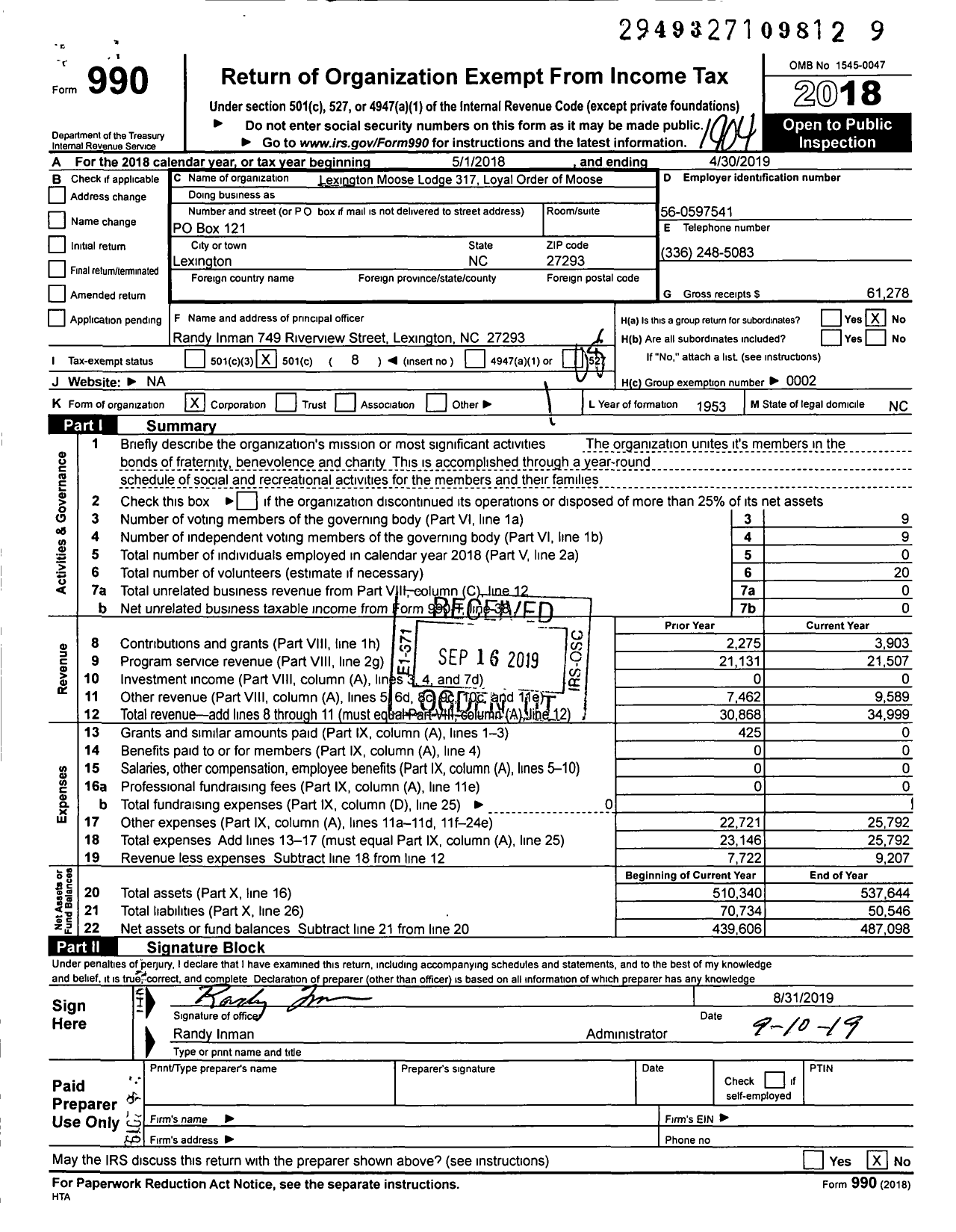 Image of first page of 2018 Form 990O for Loyal Order of Moose - 317