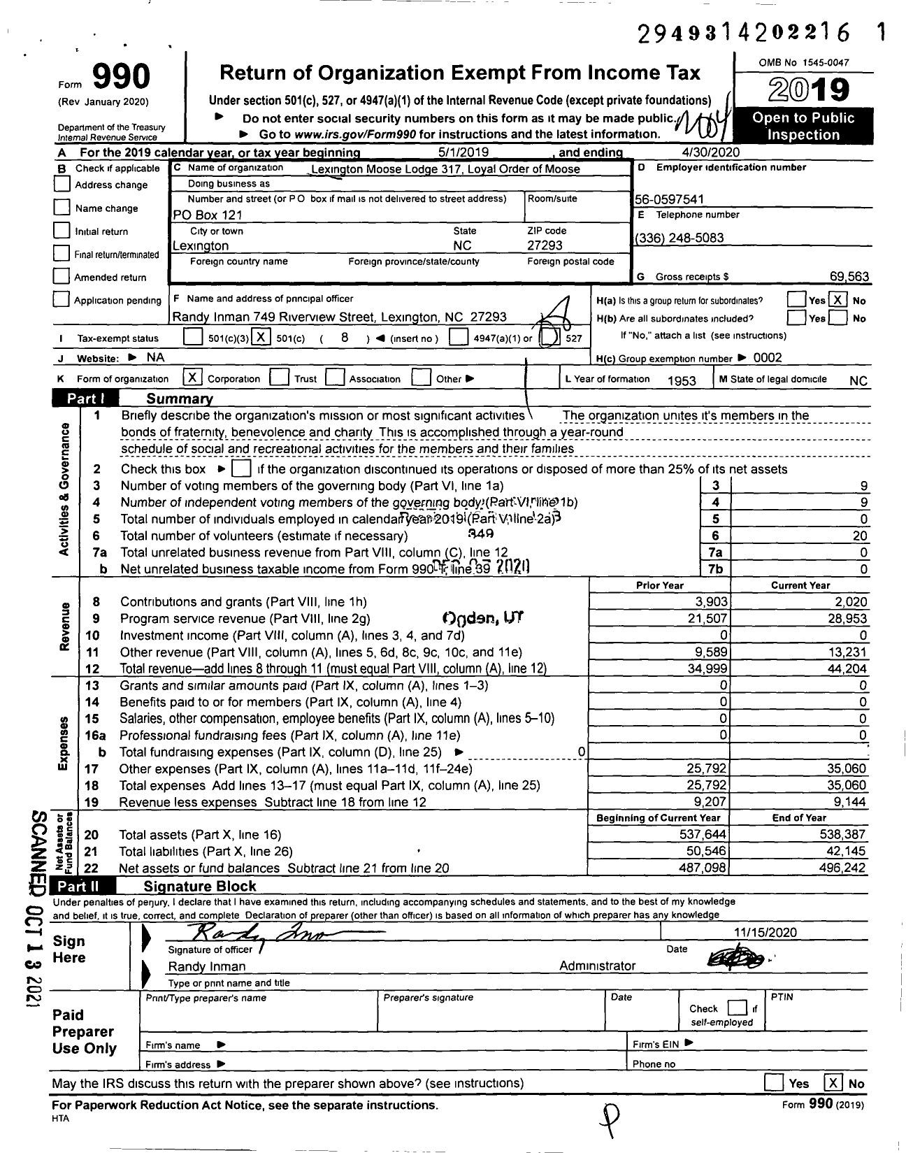 Image of first page of 2019 Form 990O for Loyal Order of Moose - 317