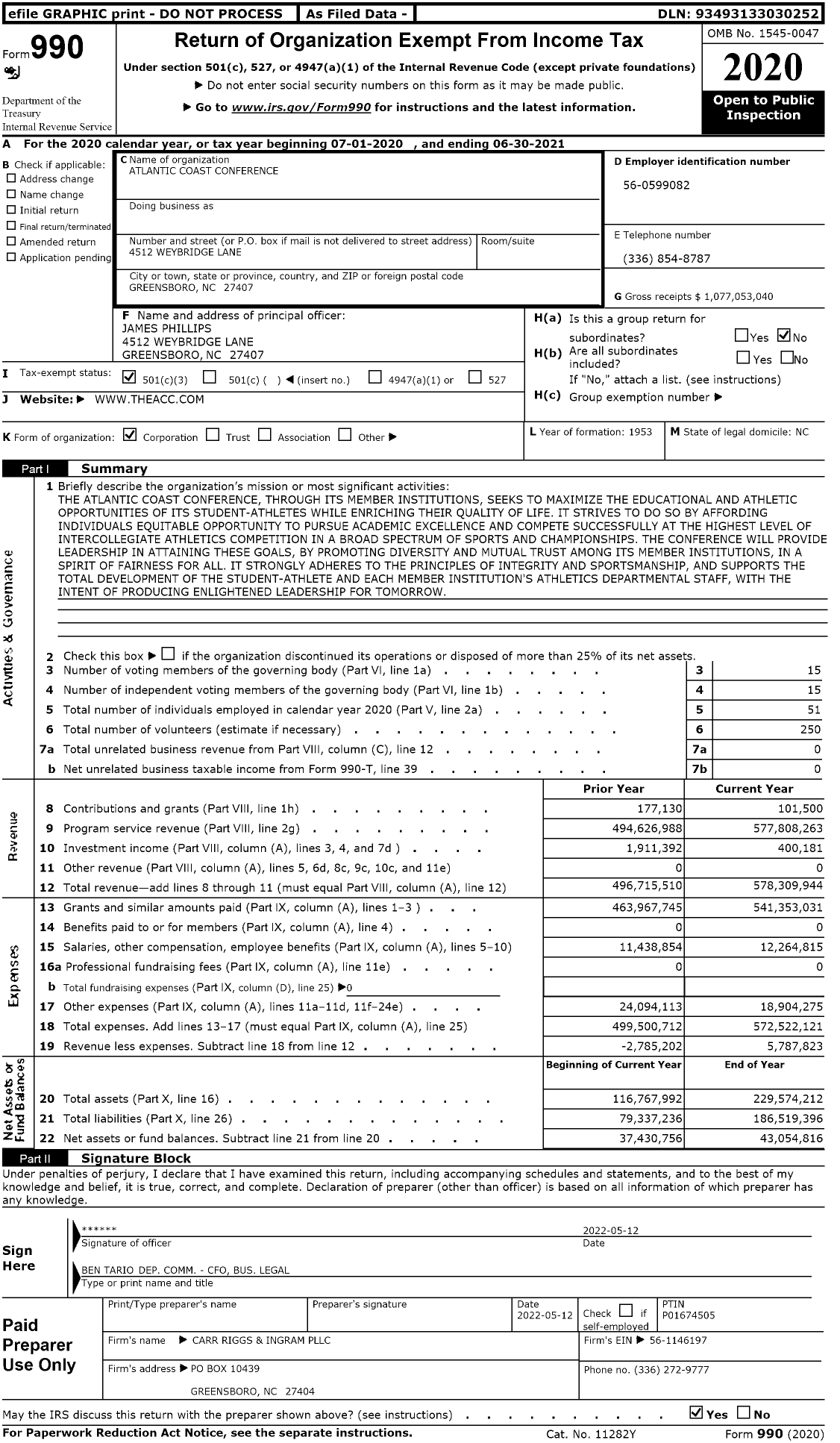 Image of first page of 2020 Form 990 for Atlantic Coast Conference