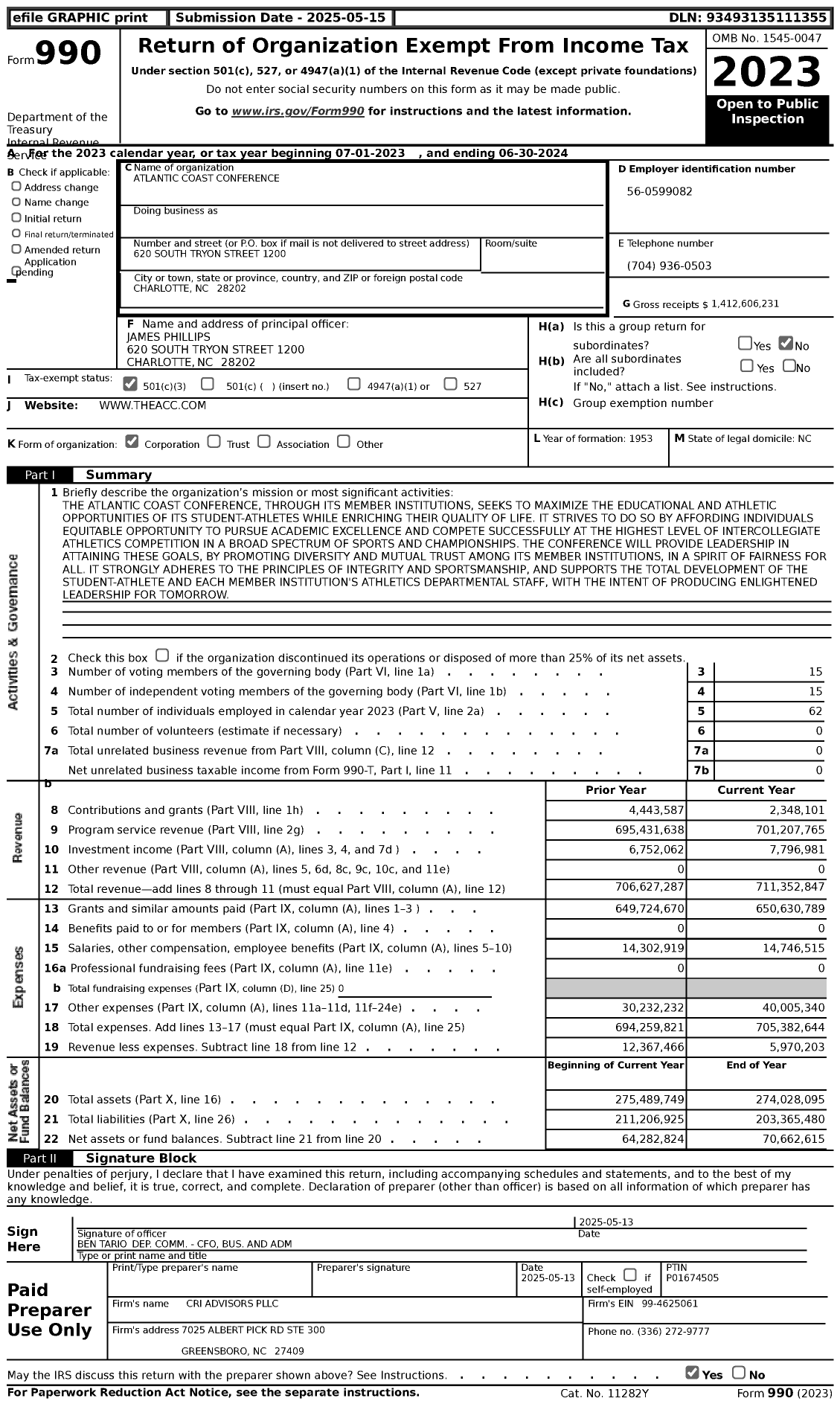 Image of first page of 2023 Form 990 for Atlantic Coast Conference