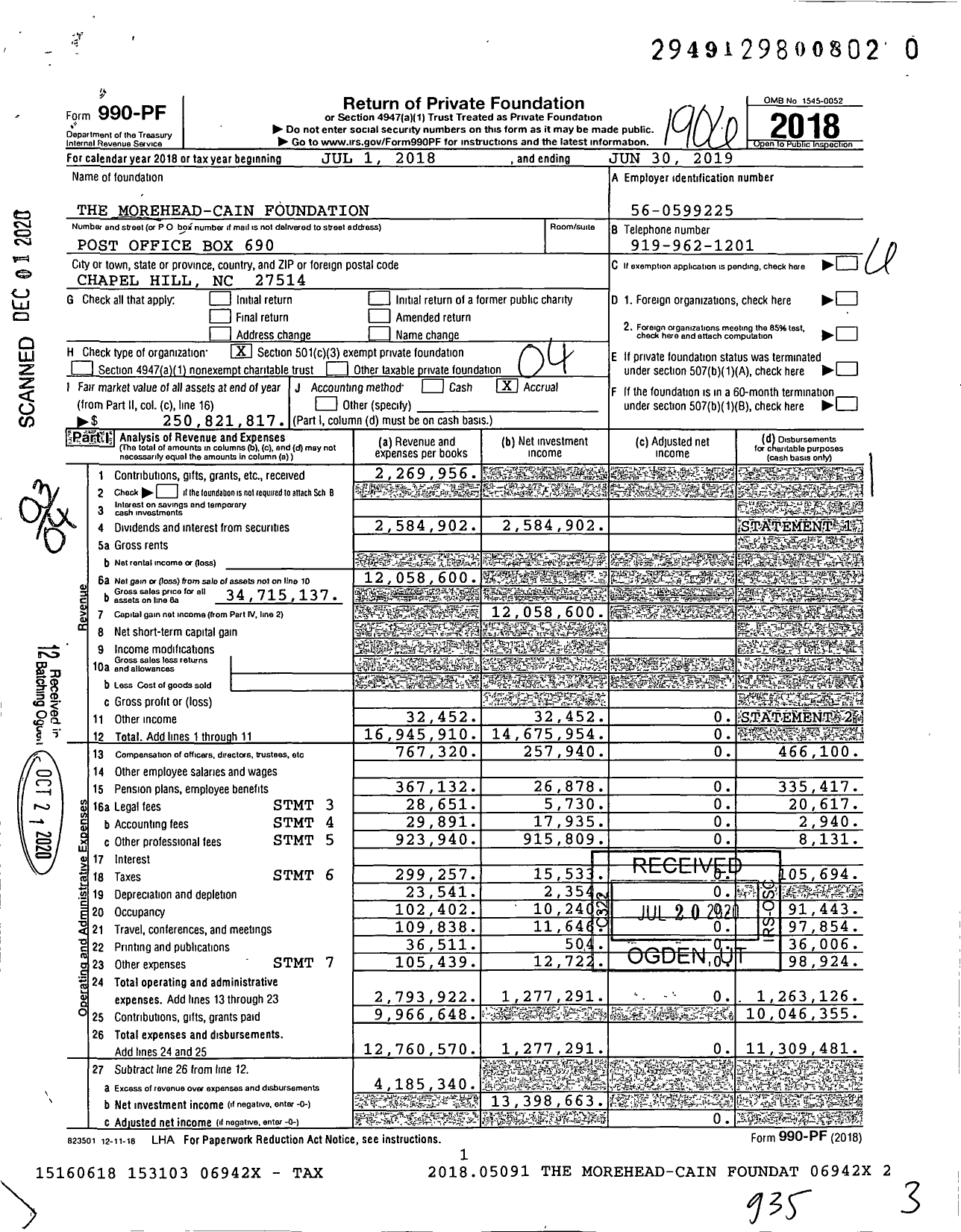 Image of first page of 2018 Form 990PF for The Morehead-Cain Foundation