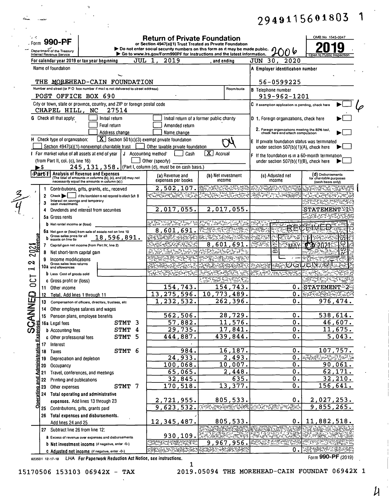 Image of first page of 2019 Form 990PF for The Morehead-Cain Foundation