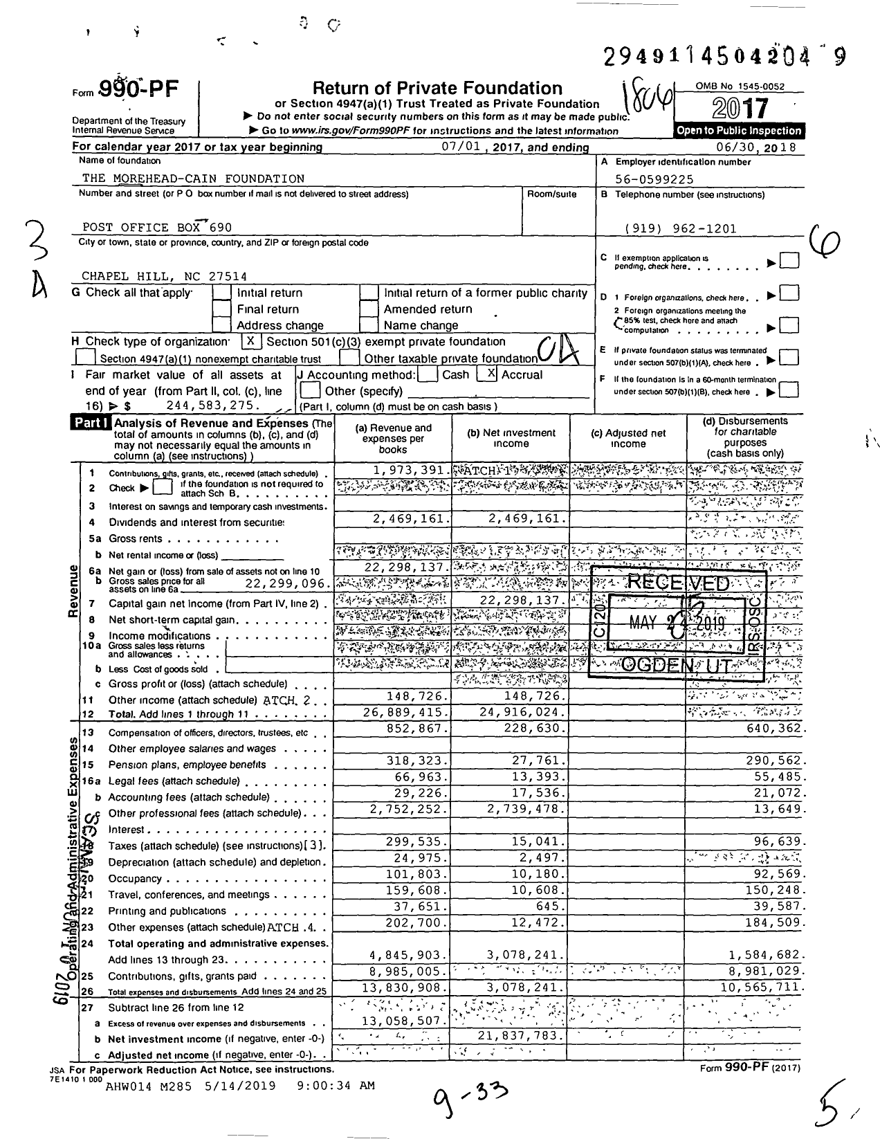 Image of first page of 2017 Form 990PF for The Morehead-Cain Foundation