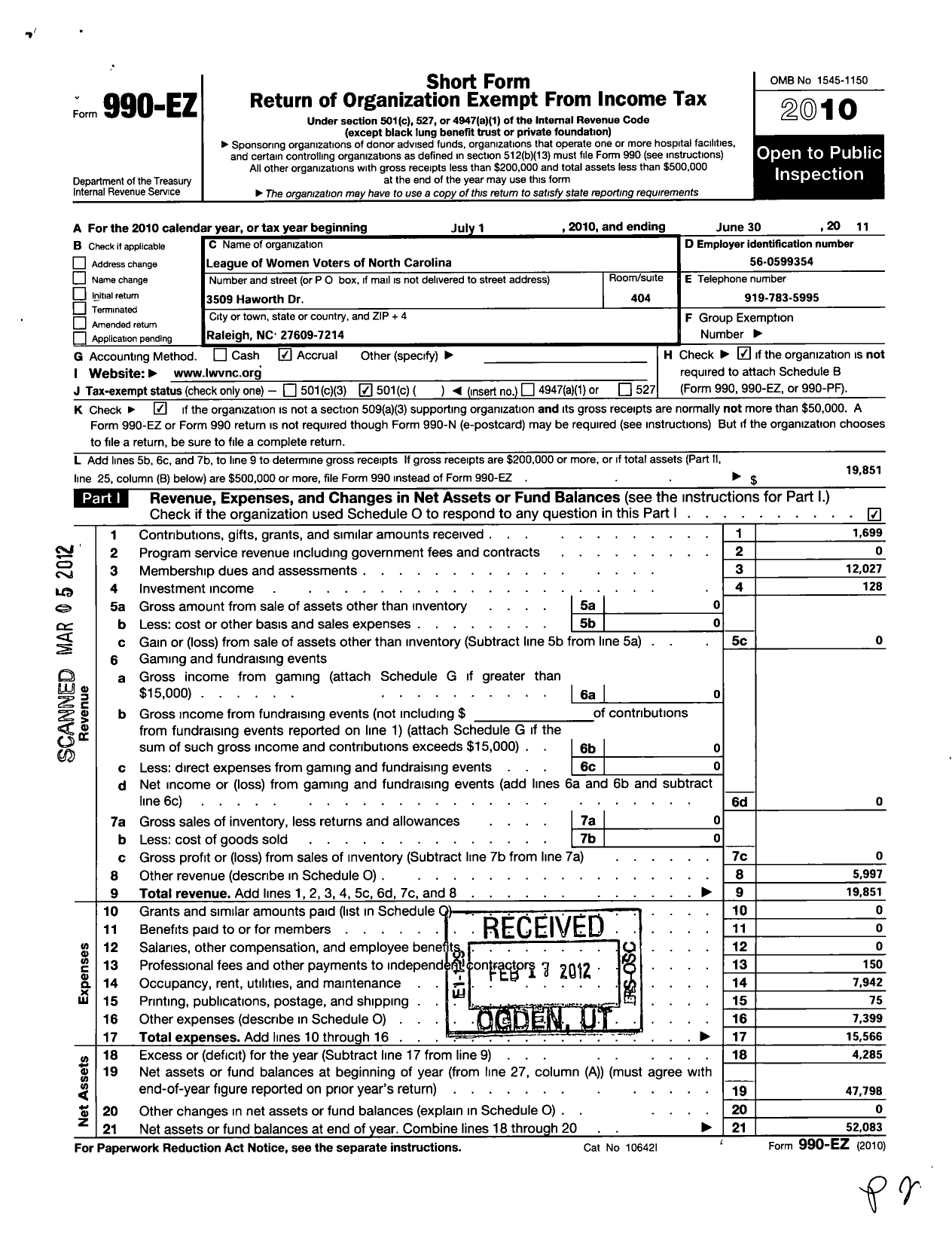 Image of first page of 2010 Form 990EO for LEAGUE OF WOMEN VOTERS OF NORTH CAROLINA Advocacy