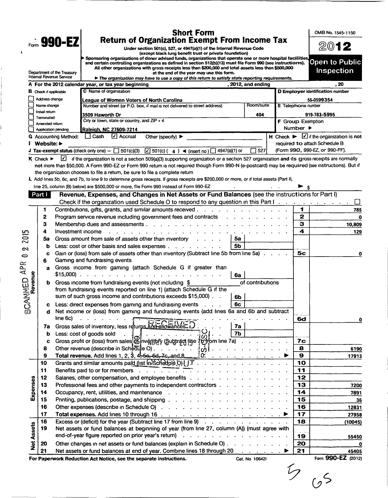 Image of first page of 2012 Form 990EO for LEAGUE OF WOMEN VOTERS OF NORTH CAROLINA Advocacy