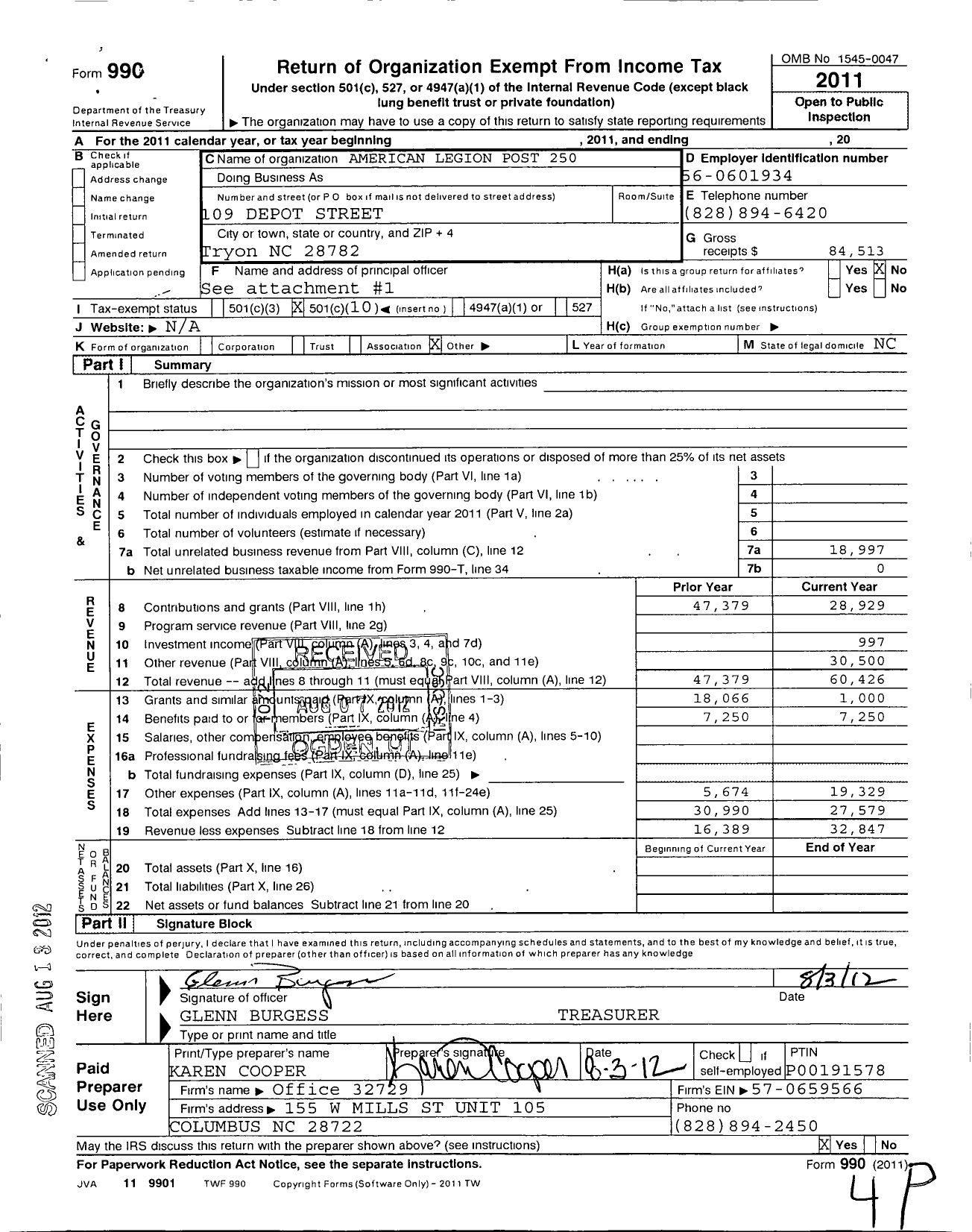 Image of first page of 2011 Form 990O for American Legion - 250 Polk County Memorial