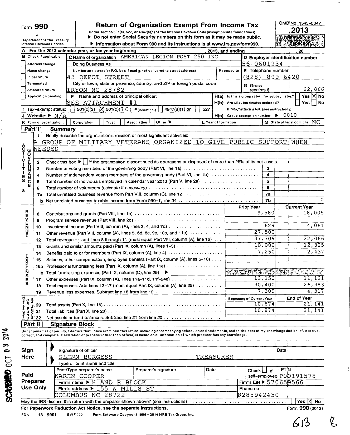 Image of first page of 2013 Form 990O for American Legion - 250 Polk County Memorial