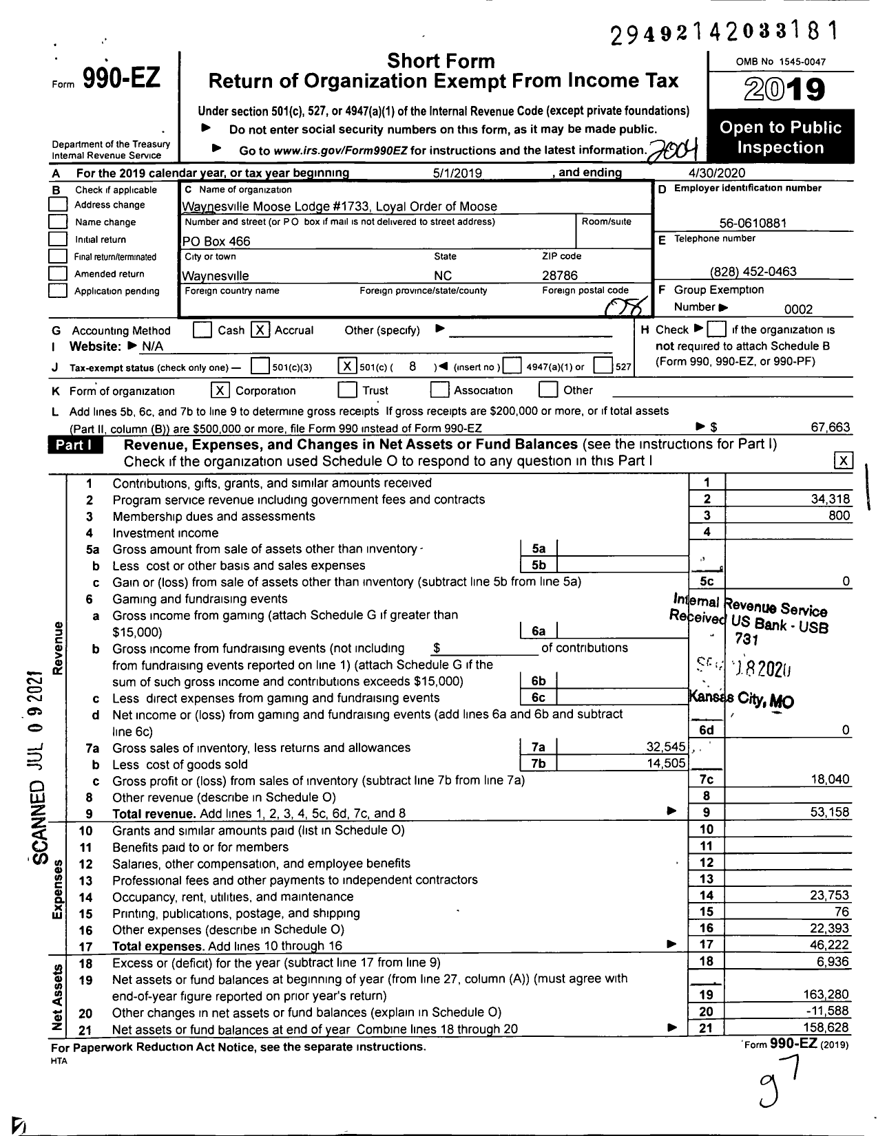 Image of first page of 2019 Form 990EO for Loyal Order of Moose - 1733