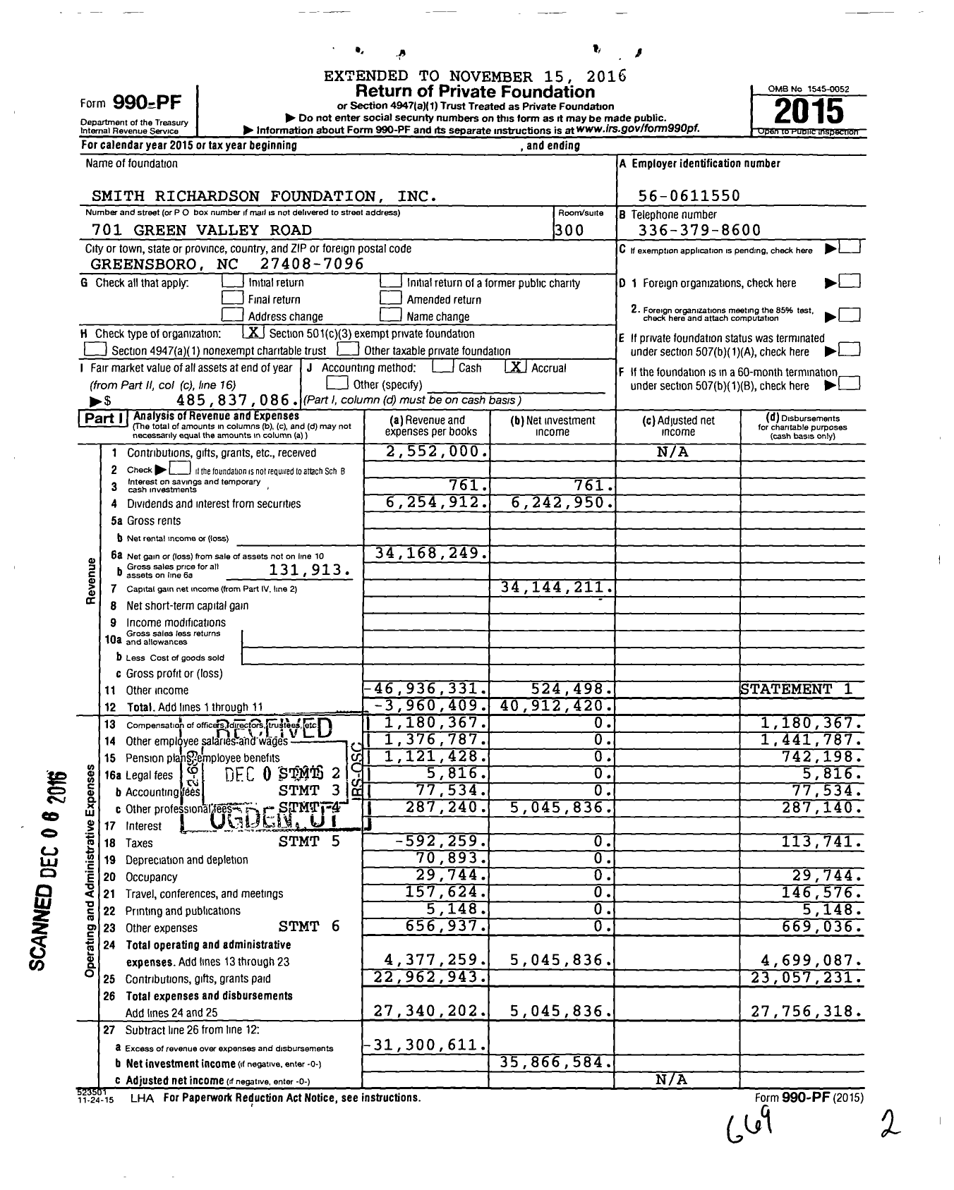 Image of first page of 2015 Form 990PF for Smith Richardson Foundation (SRF)
