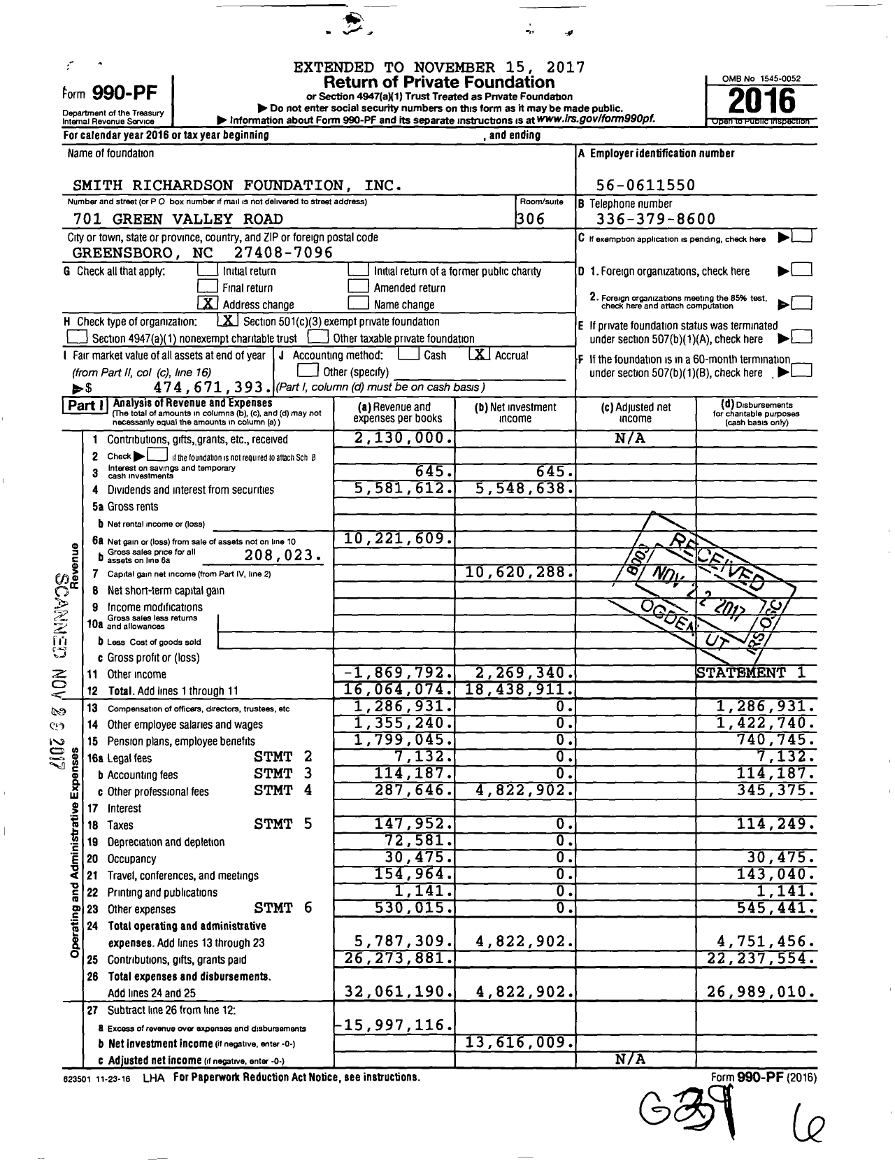 Image of first page of 2016 Form 990PF for Smith Richardson Foundation (SRF)